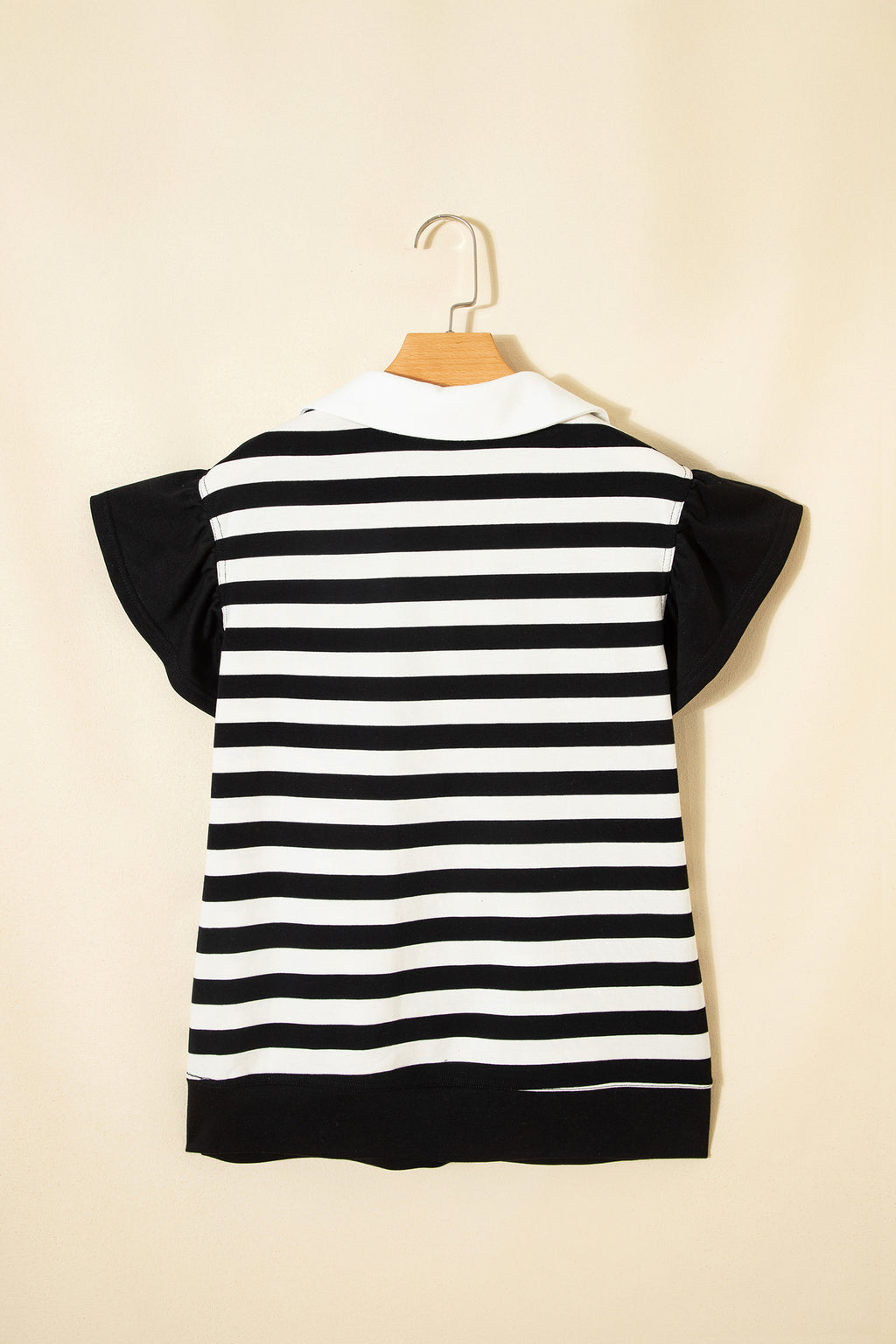 Black Stripe Collar V Neck Ruffled Short Sleeve Blouse