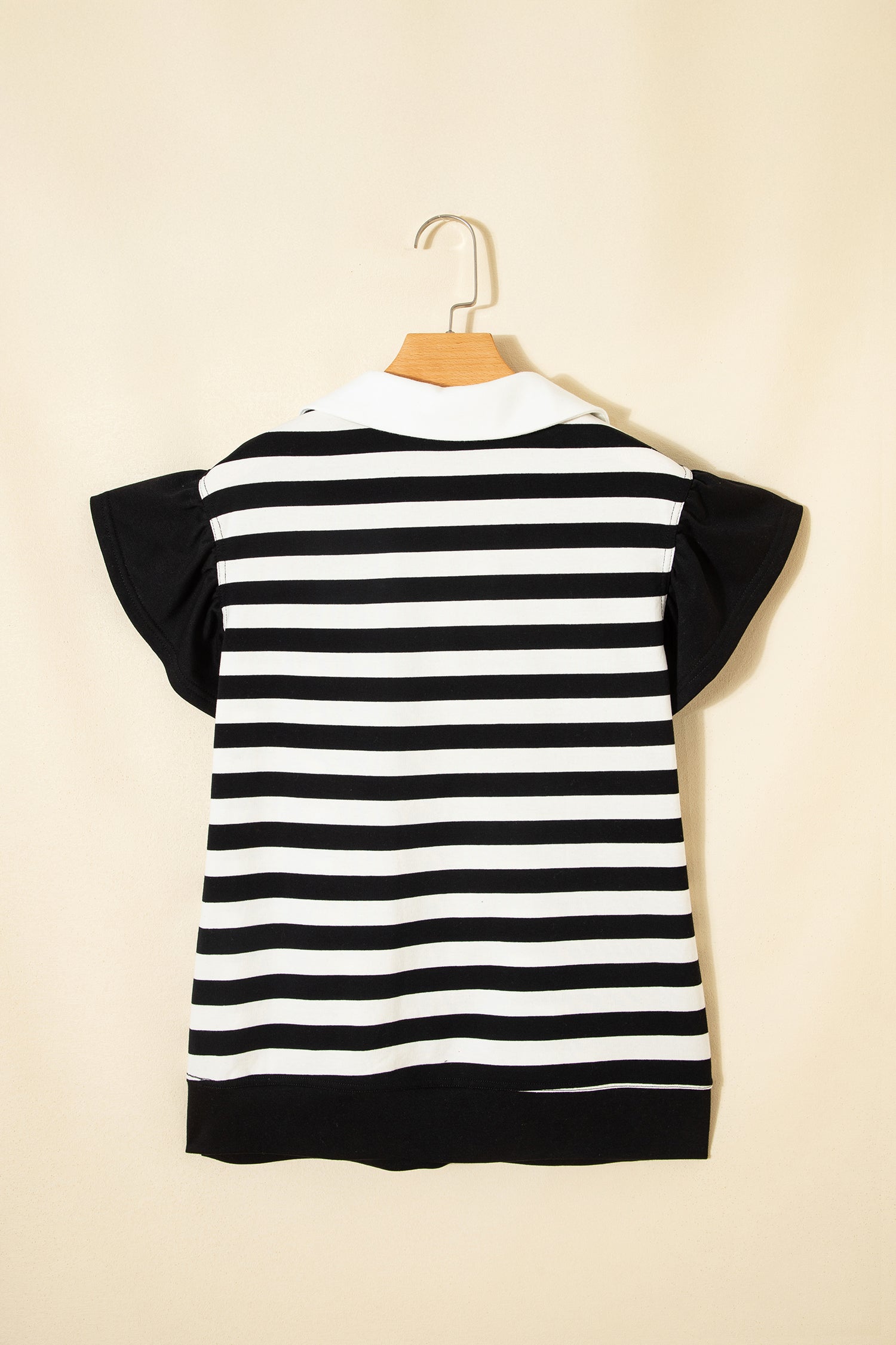 Black Stripe Collar V Neck Ruffled Short Sleeve Blouse