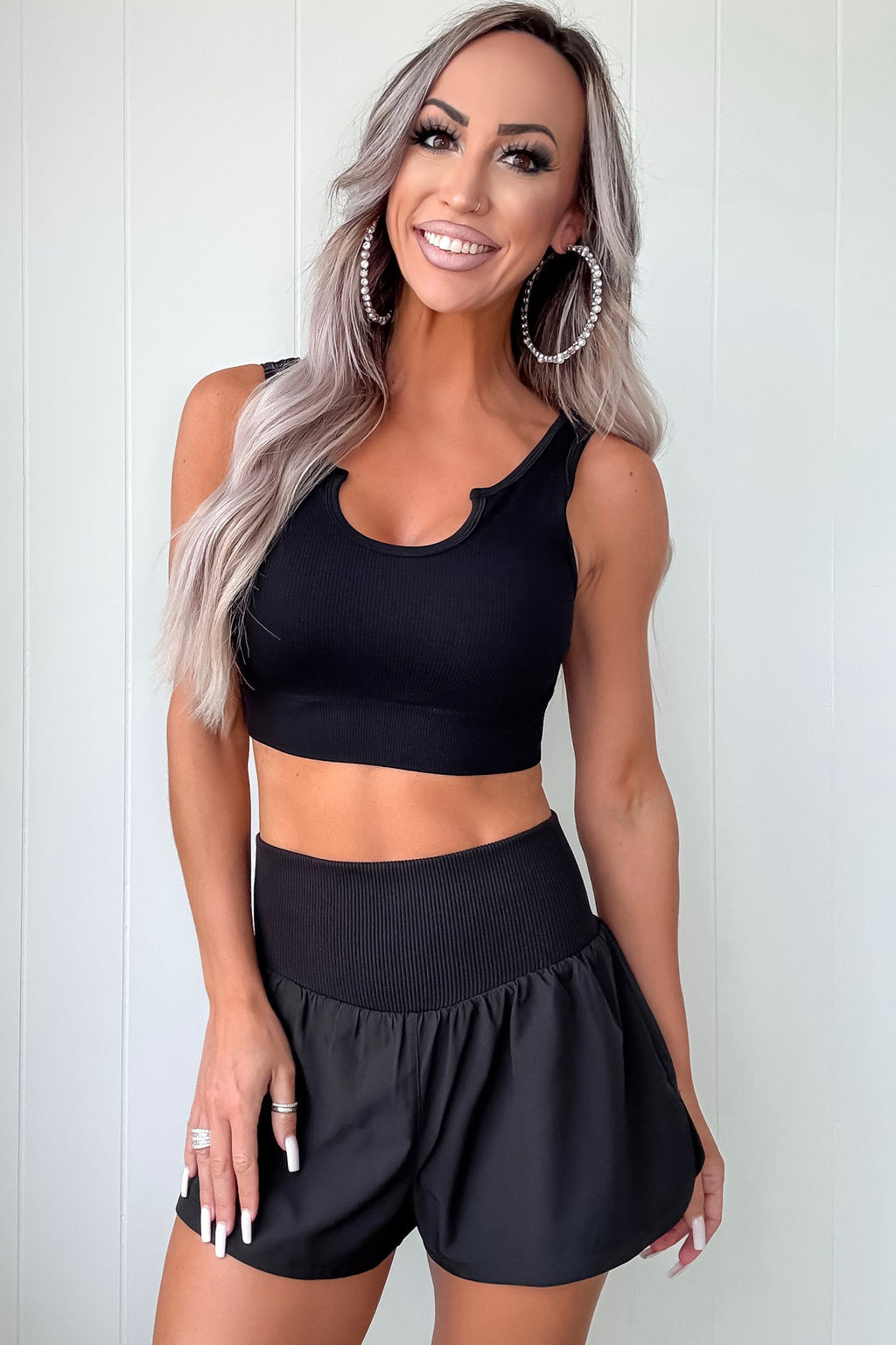 Black Solid Color Ribbed Patchwork High Waist Athletic Shorts