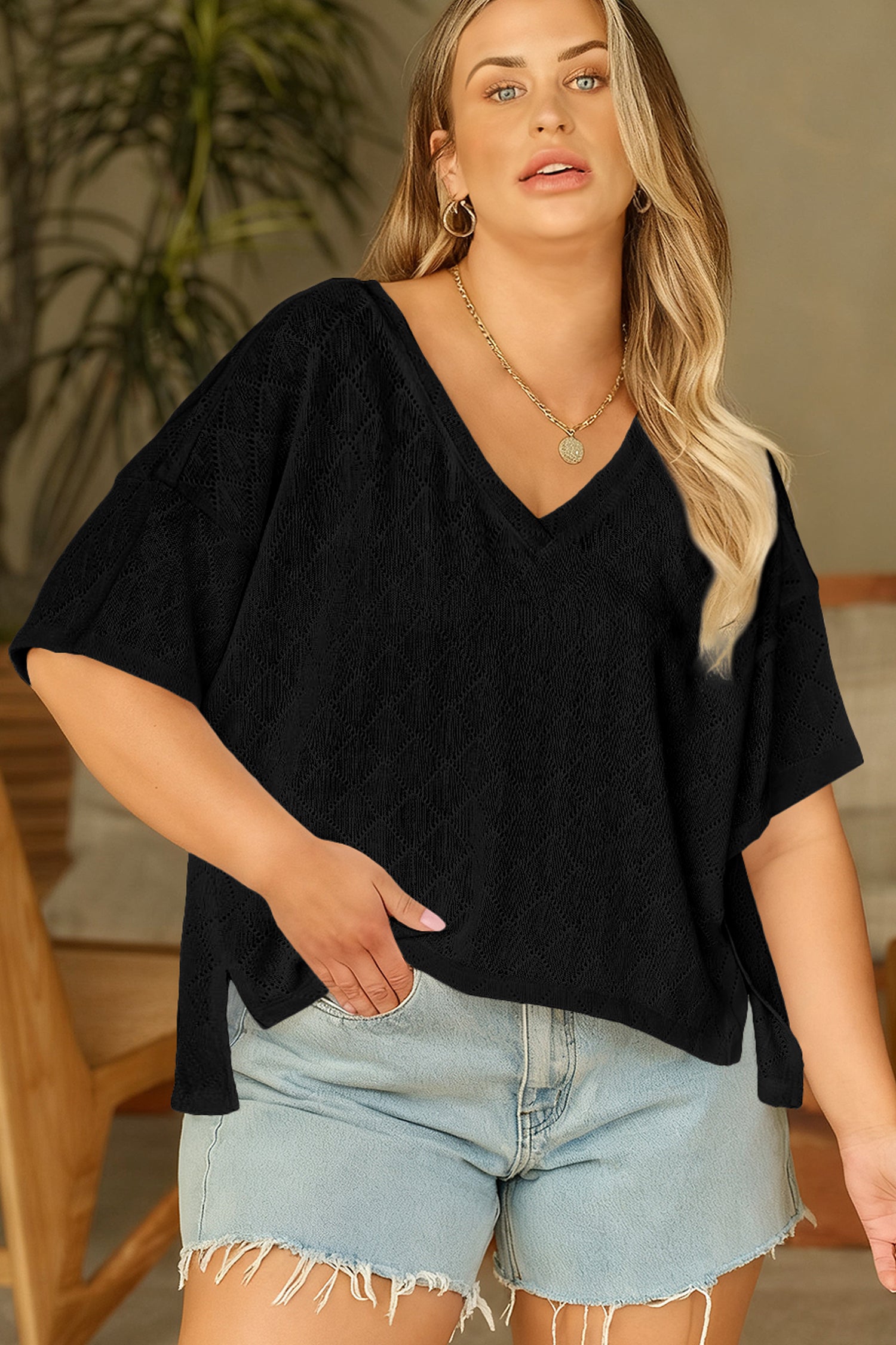 Black Pointelle Rhombus Knit Plus Size V Neck Loose Top