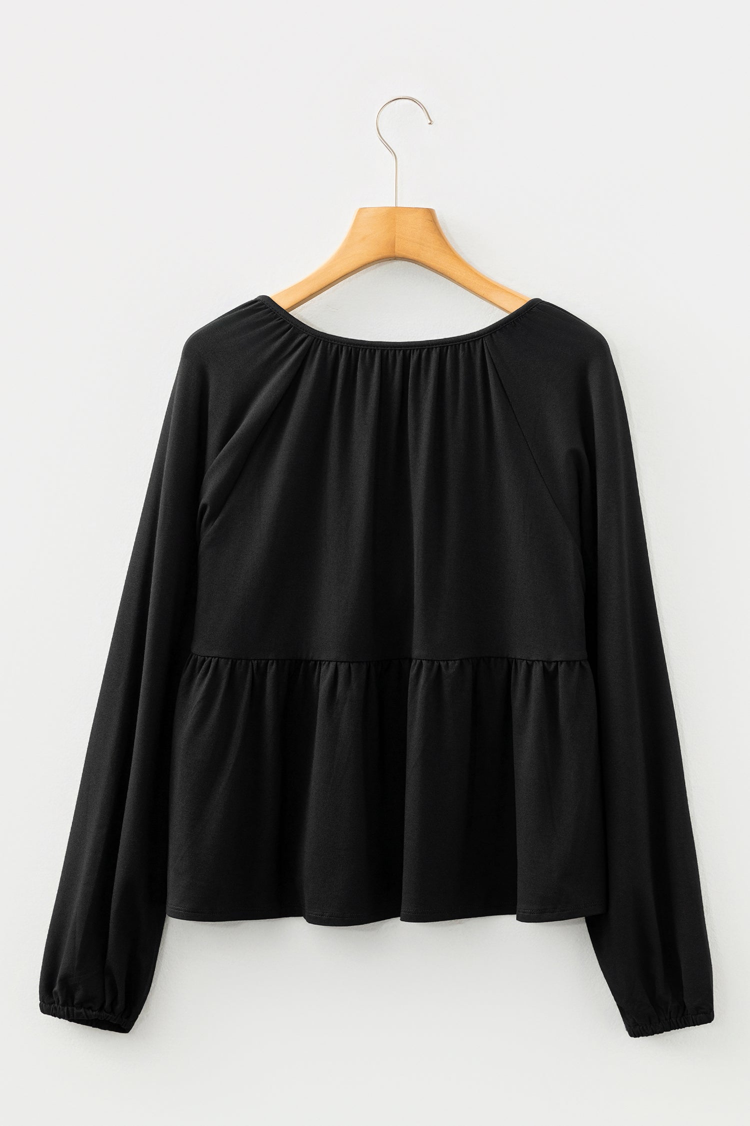 Black Smocked Bust Buttoned Split V Neck Flow Fit Blouse