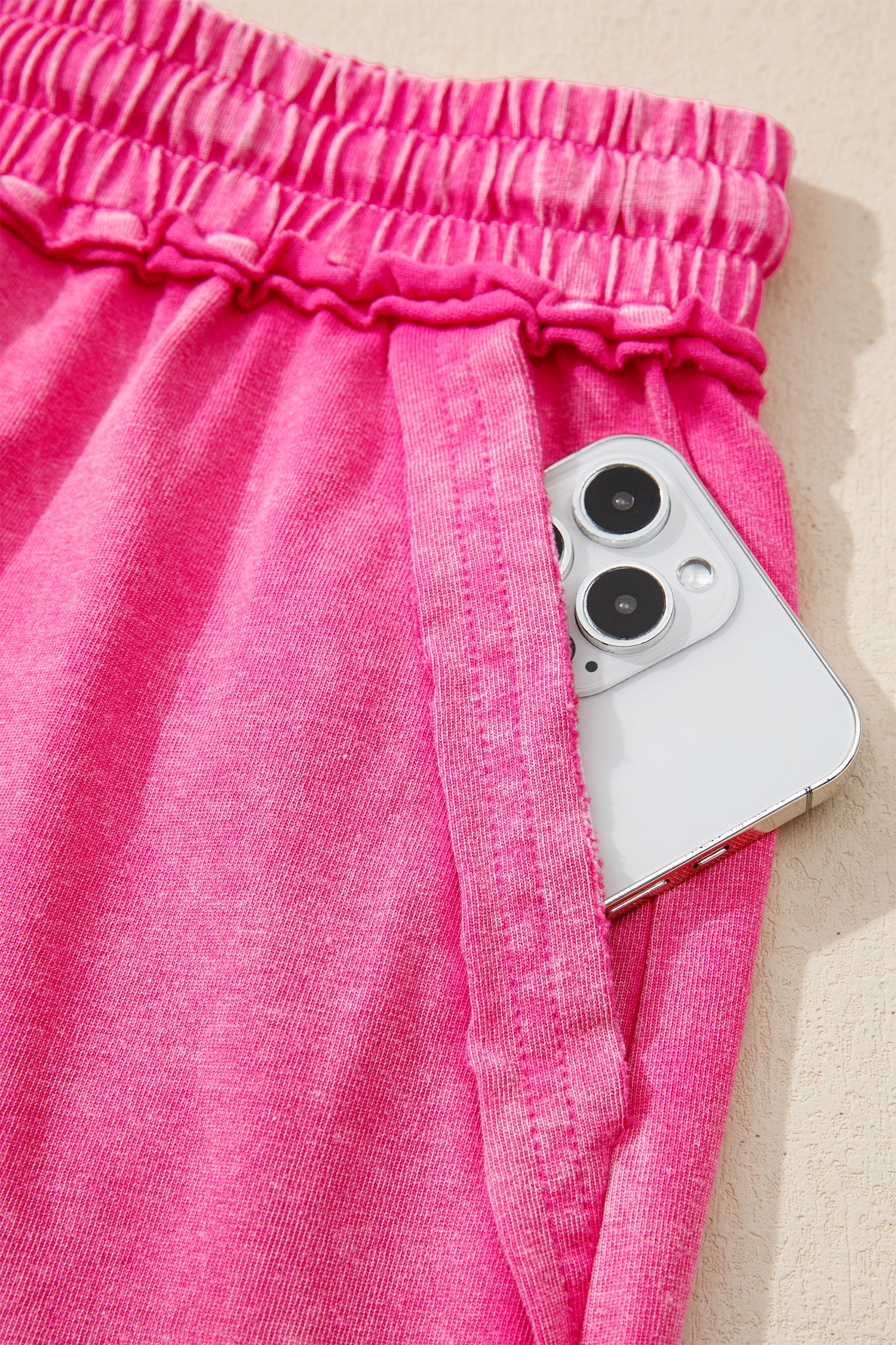 Rose Red Mineral Washed Drawstring Elastic Waist Raw Cut Shorts