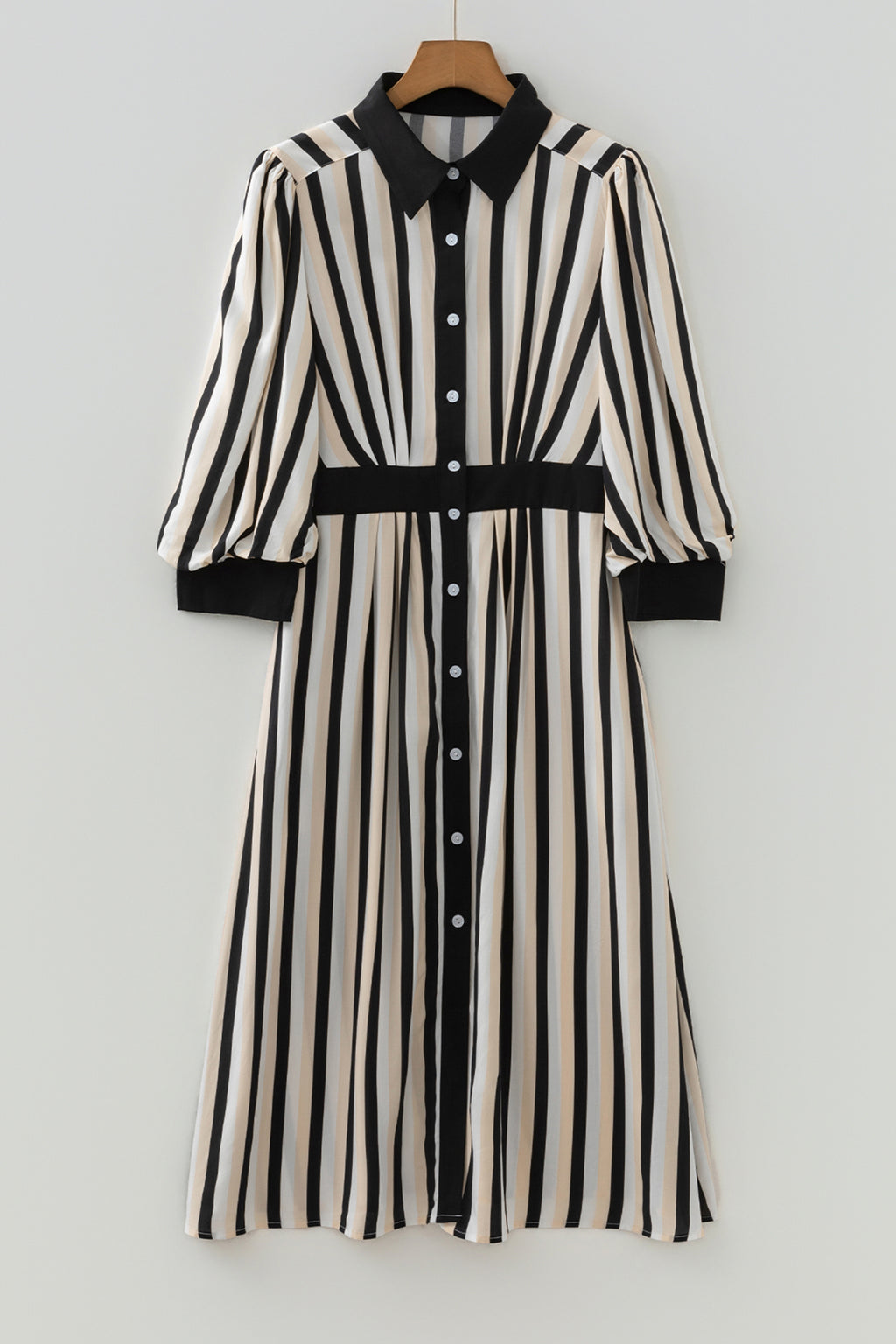 Black Stripe 3/4 Puff Sleeve Shirt Style Button Down Midi Dress