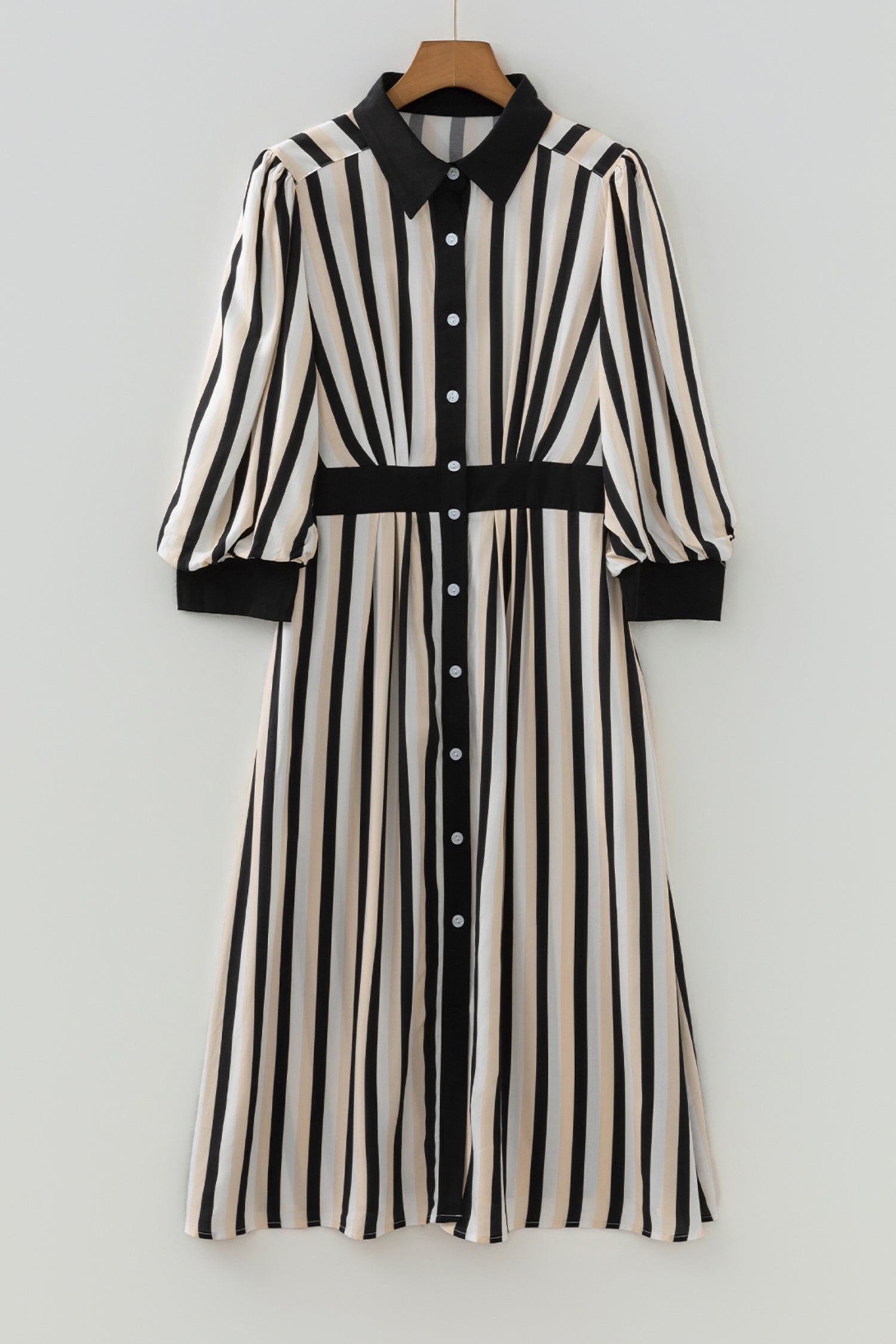 Black Stripe 3/4 Puff Sleeve Shirt Style Button Down Midi Dress