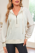 Beige Solid Color Textured Sleeve Patchwork Half Zip Hoodie