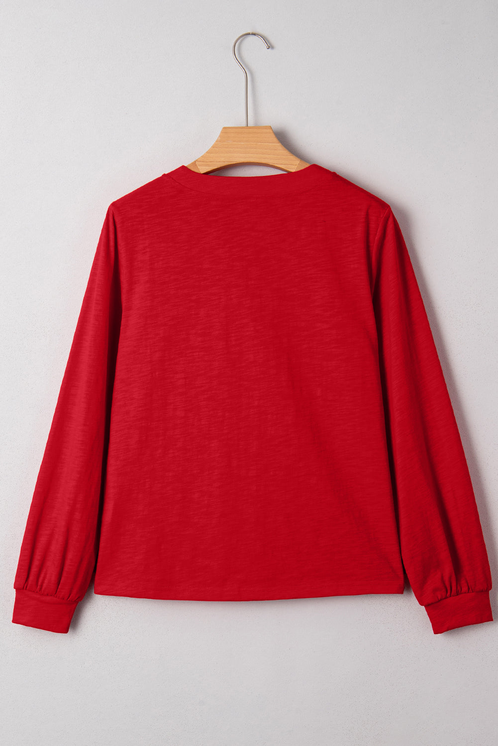 Racing Red Solid Color Button V Neck Long Sleeve Top