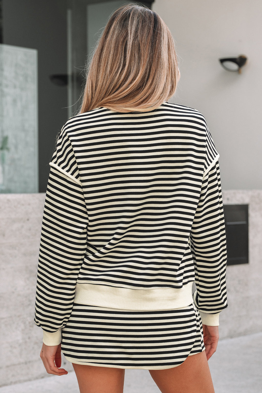 Black Stripe Textured Drop Shoulder Pullover Top Drawstring Mini Skort Two Piece Dress Set