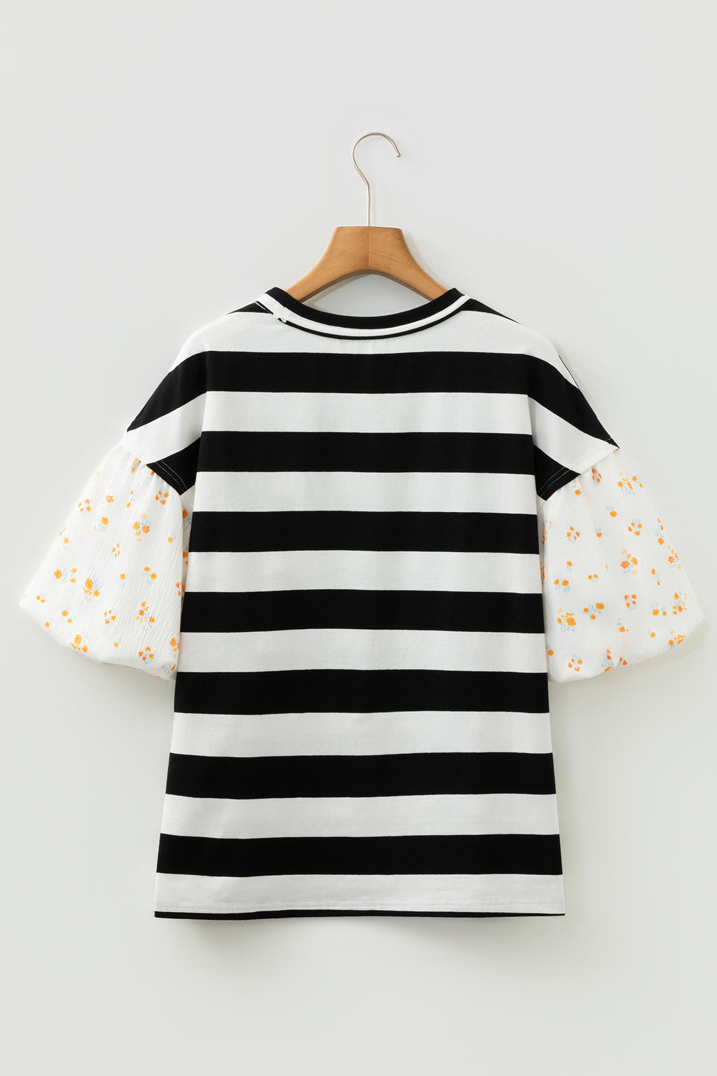 Black Stripe Floral Print Puff Sleeve Patchwork Blouse