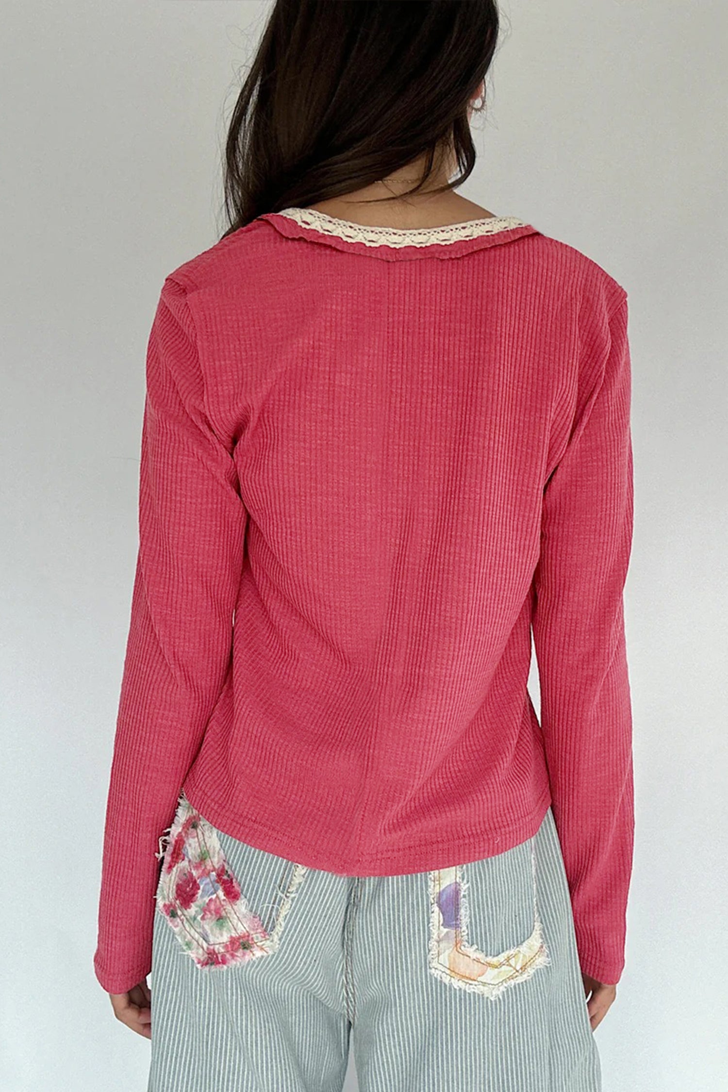 Racing Red Ribbed Texture Contrasted Lace Trim Button V Neck Long Sleeve Top