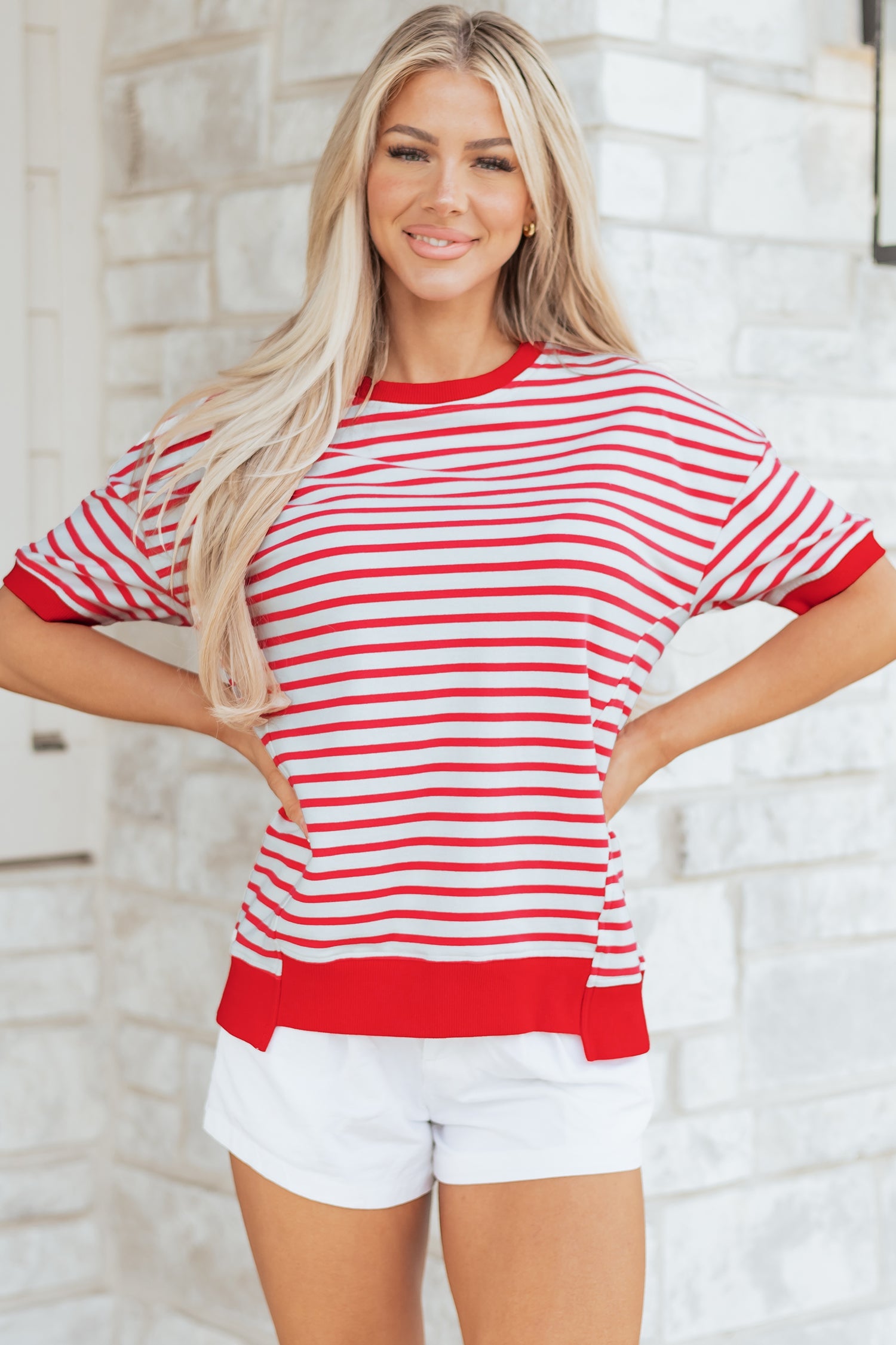 Red Stripe Drop Shoulder Half Sleeve T Shirt
