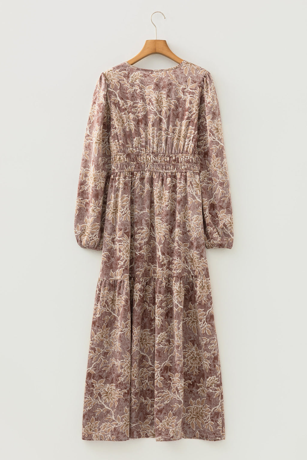 Brown Floral Print Smocked High Waist Long Sleeve Maxi Dress