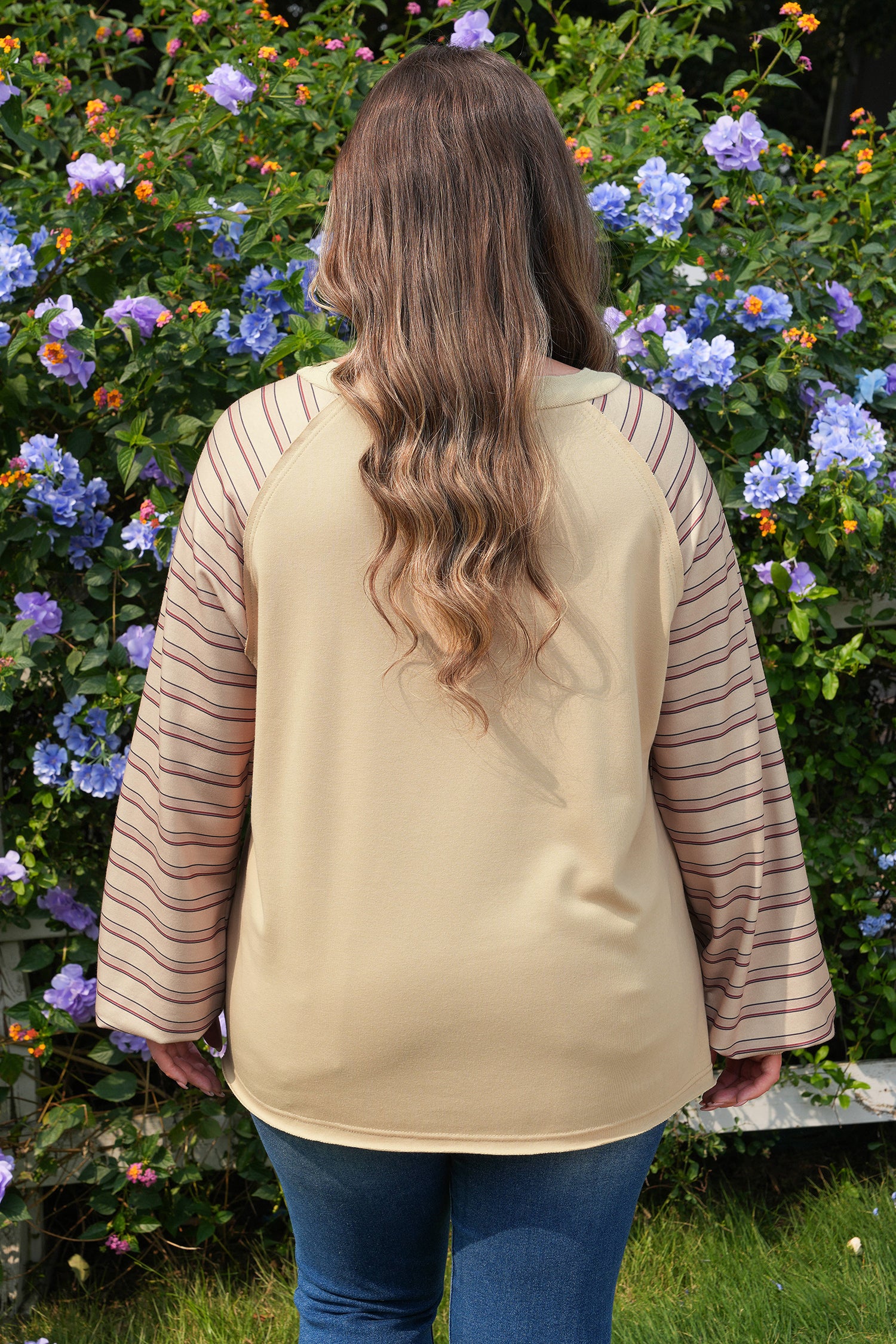 Parchment Striped Raglan Sleeve Notched Neck Raw Edge Plus Size Jumper