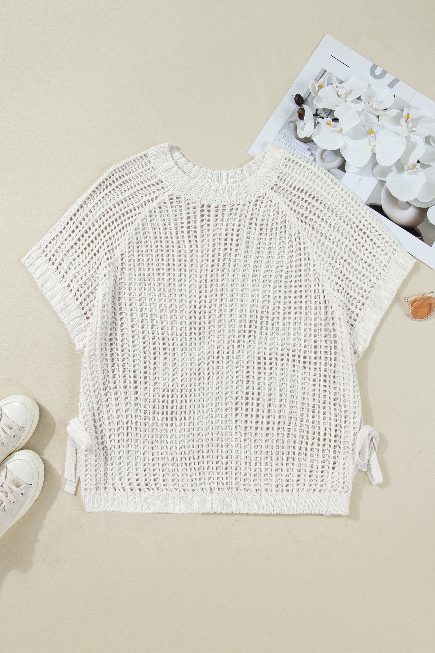White Plus Size Open Knit Bow Tie Short Sleeve Sweater