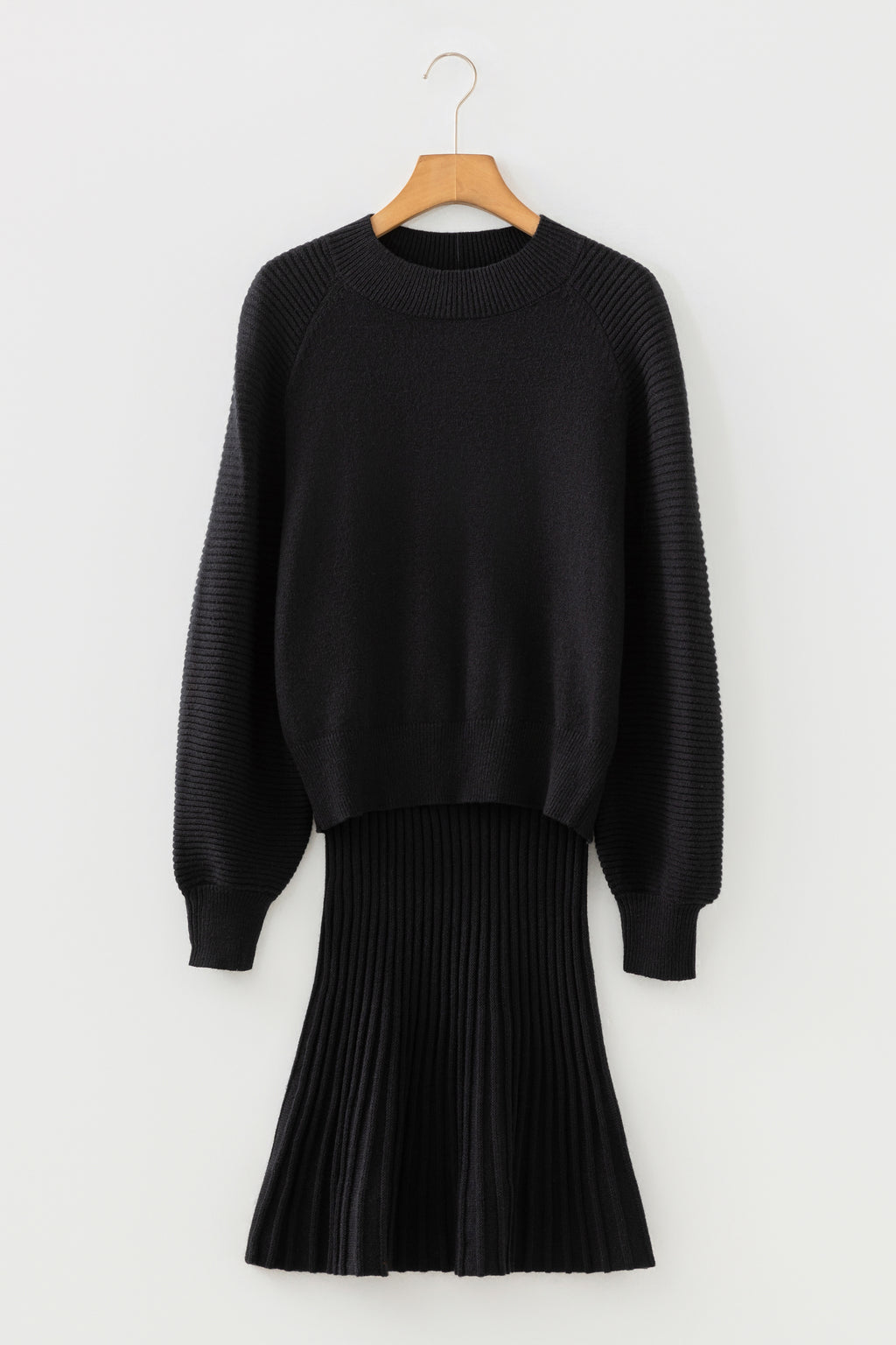 Black High Neck Puff Sleeve Sweater Pleated Mini Skirt 2pcs Knitted Outfit