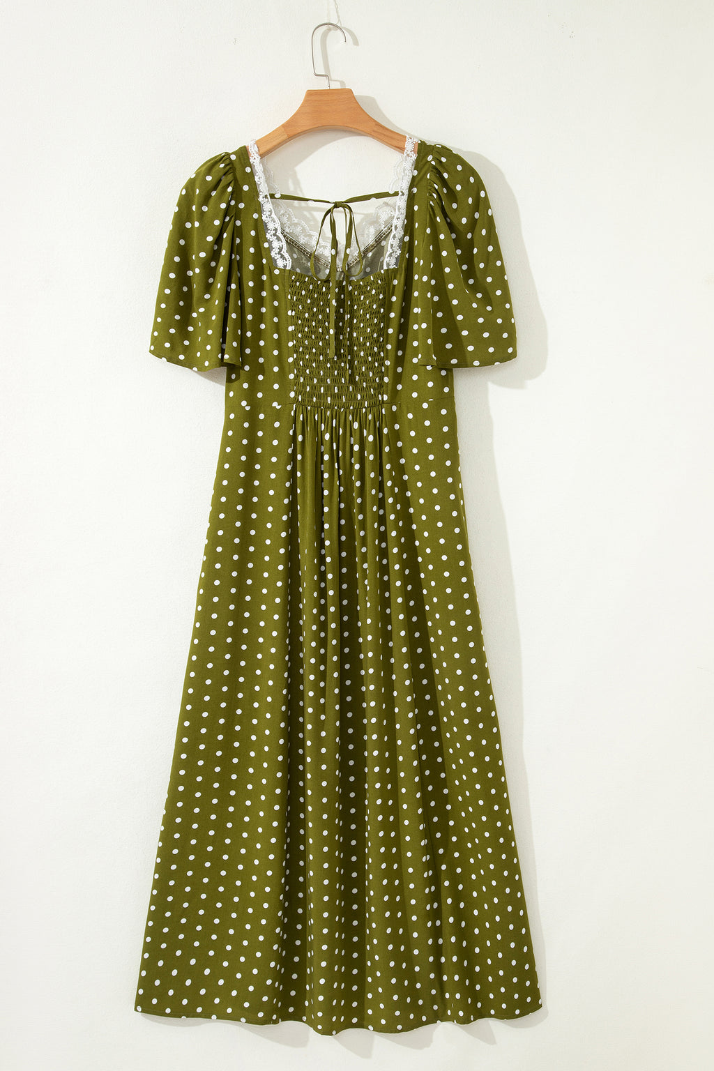 Green Polka Dot Print Lacy Neckline Smocked High Waist Maxi Dress