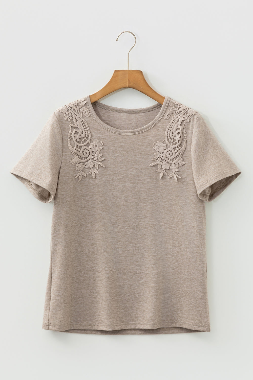 Smoke Gray Solid Color Lace Patched Detail Round Neck Tee