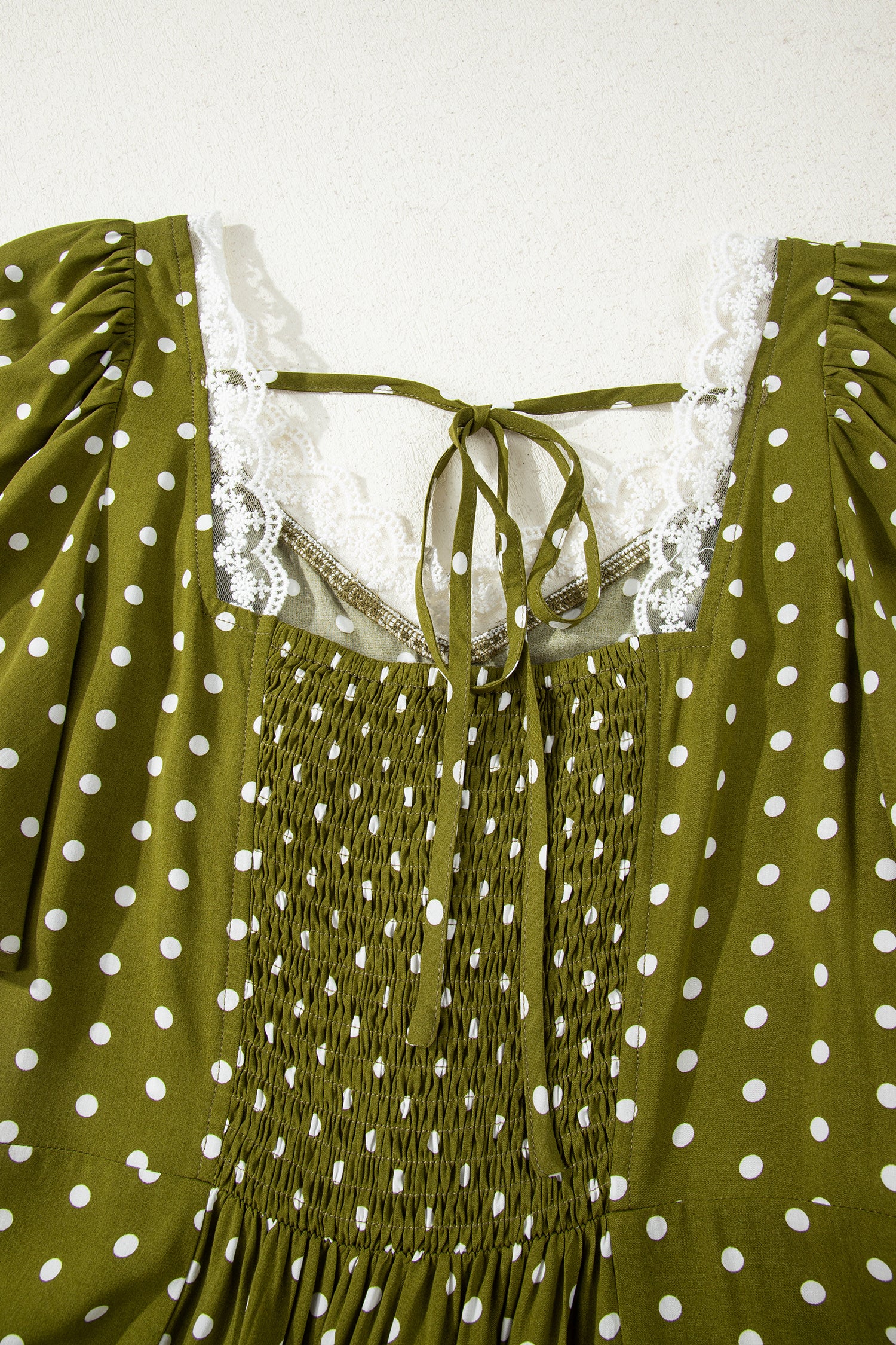 Green Polka Dot Print Lacy Neckline Smocked High Waist Maxi Dress