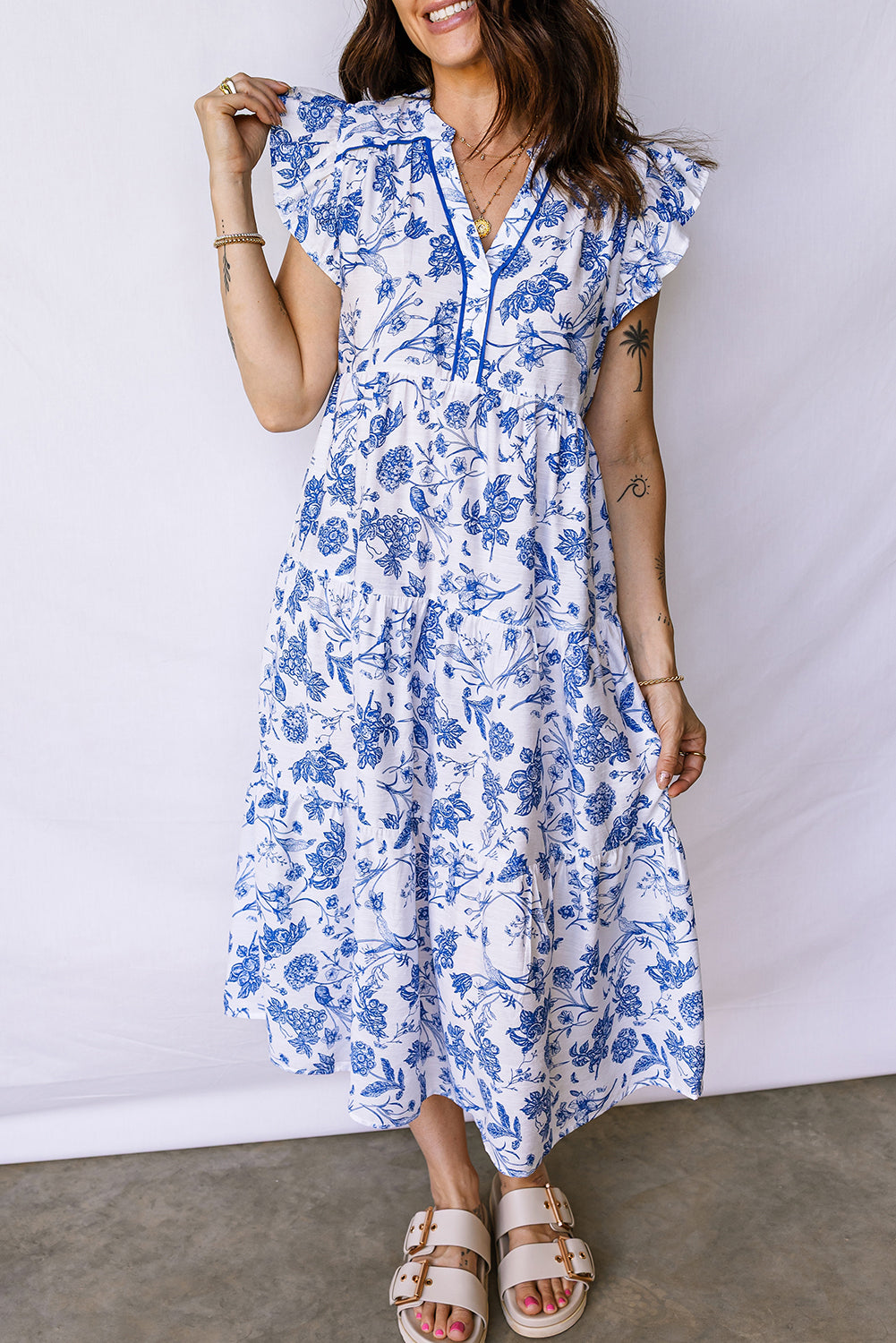 Blue Ruffled Short Sleeve Tiered Floral Midi Dress