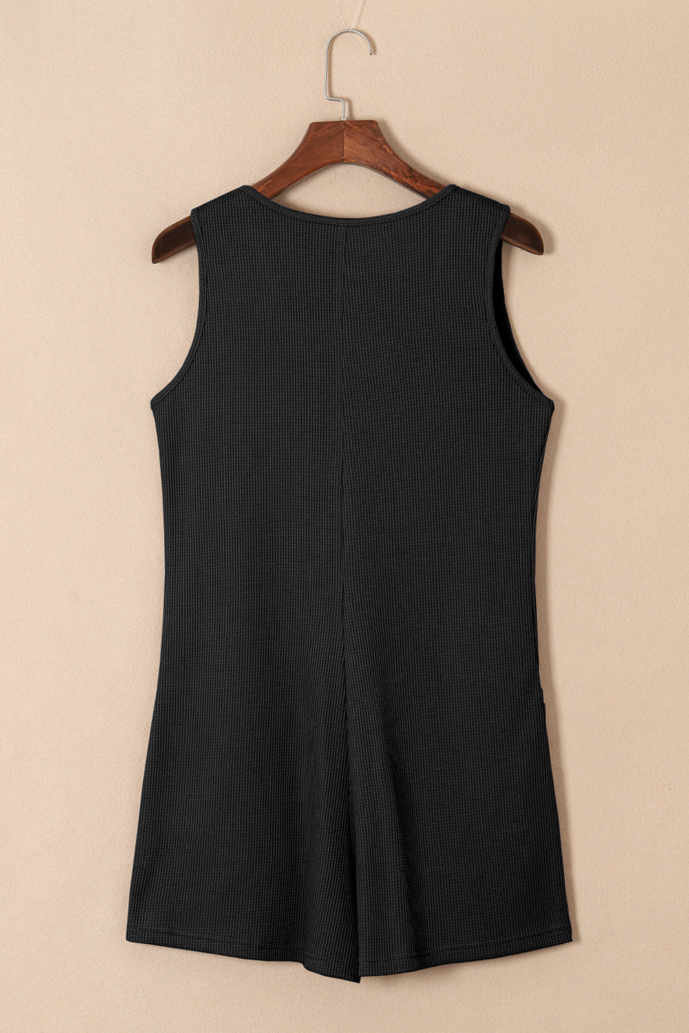 Black Waffle Sleeveless U Neck Buttons Romper With Pockets