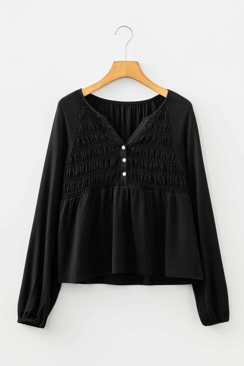 Black Smocked Bust Buttoned Split V Neck Flow Fit Blouse