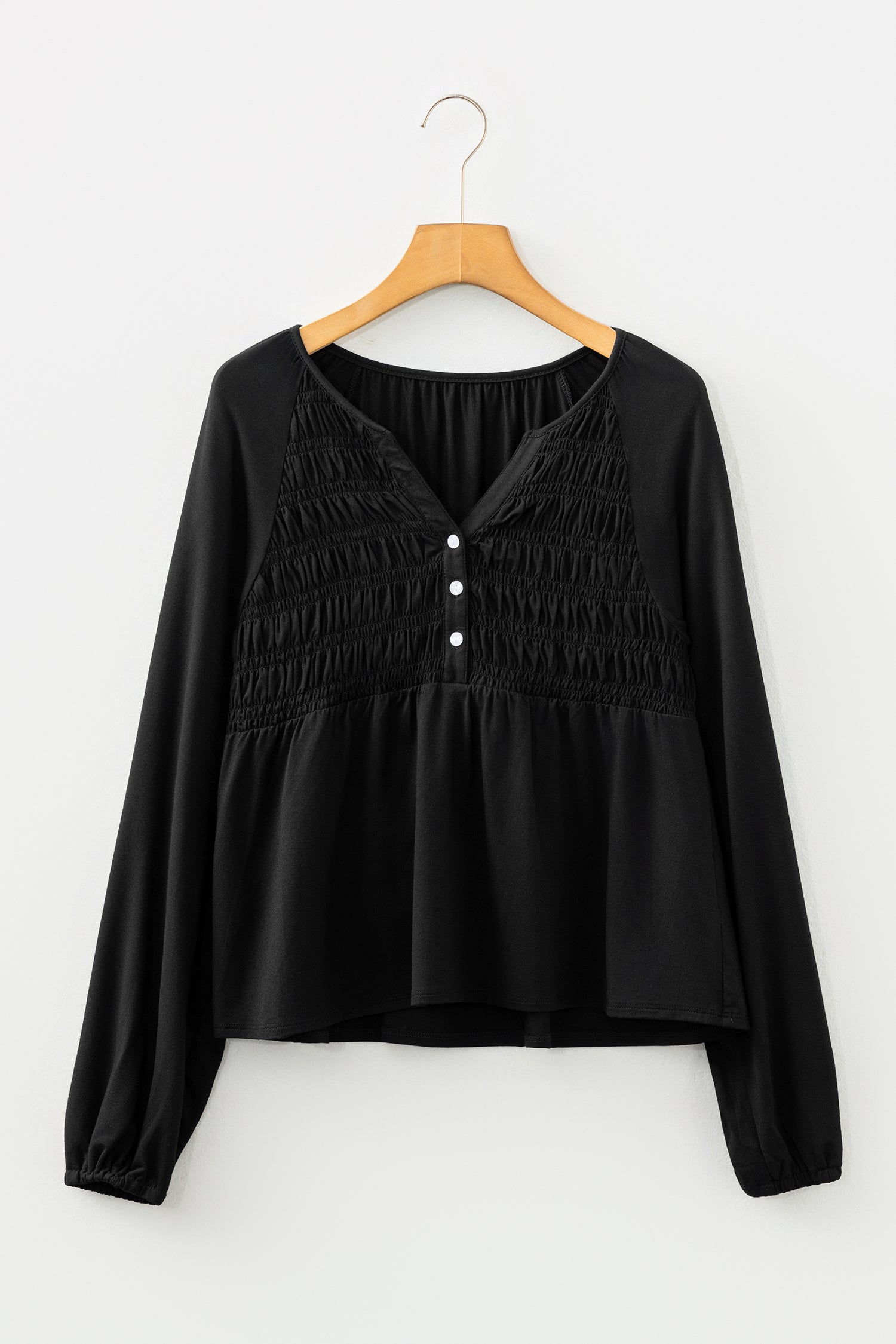 Black Smocked Bust Buttoned Split V Neck Flow Fit Blouse