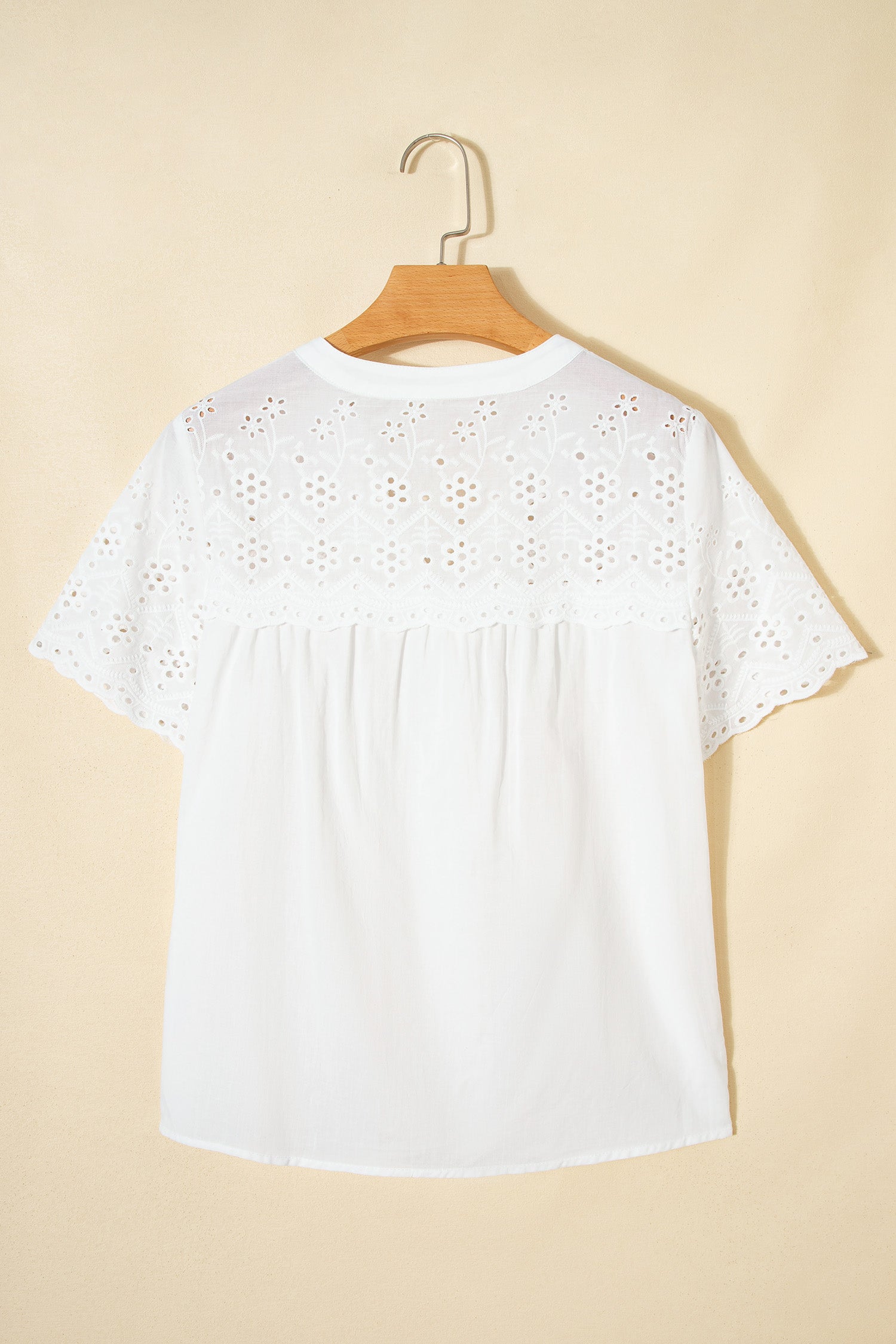 White Flower Eyelet Embroidered Patchwork Sheer Short Sleeve Shirt