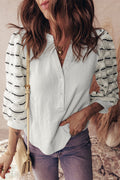 White Button Placket 3/4 Striped Sleeve Patchwork Rib Knit Top