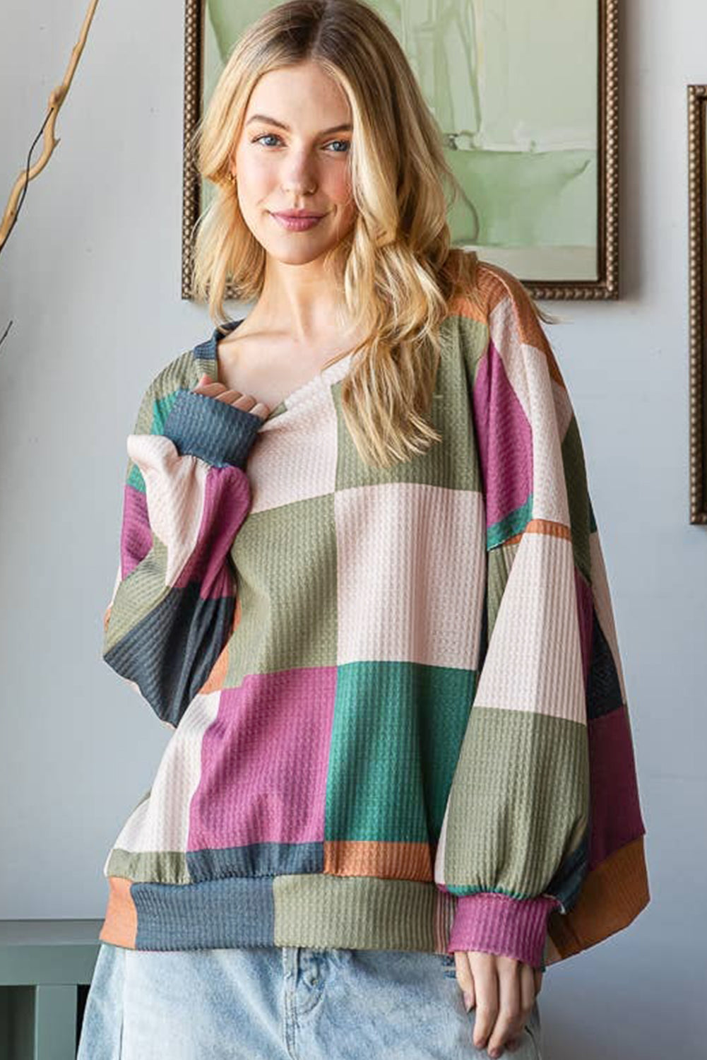 Green Checkered Print Textured Knit Long Sleeve Loose Top