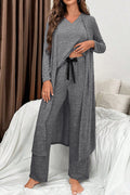 Dark Grey 3pcs V Neck T Shirt Ribbon Knot Pants Open Duster 3pcs Lounge Set