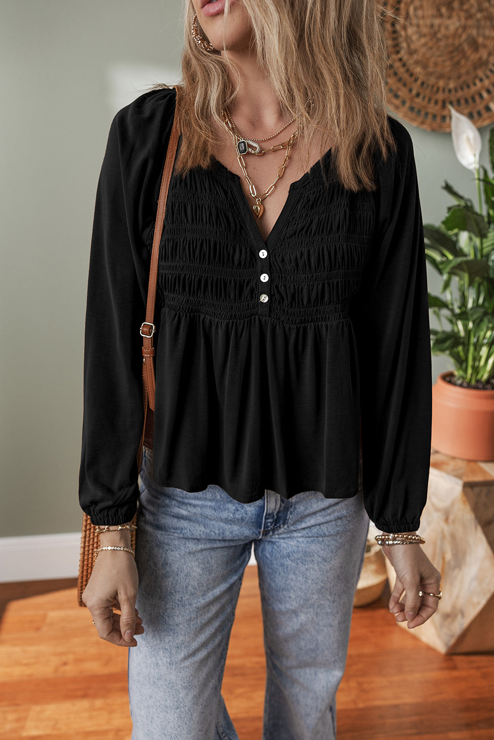 Black Smocked Bust Buttoned Split V Neck Flow Fit Blouse