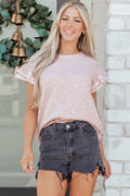 Light Pink Twilled Print Lace Trim Ruffled Short Sleeve Blouse