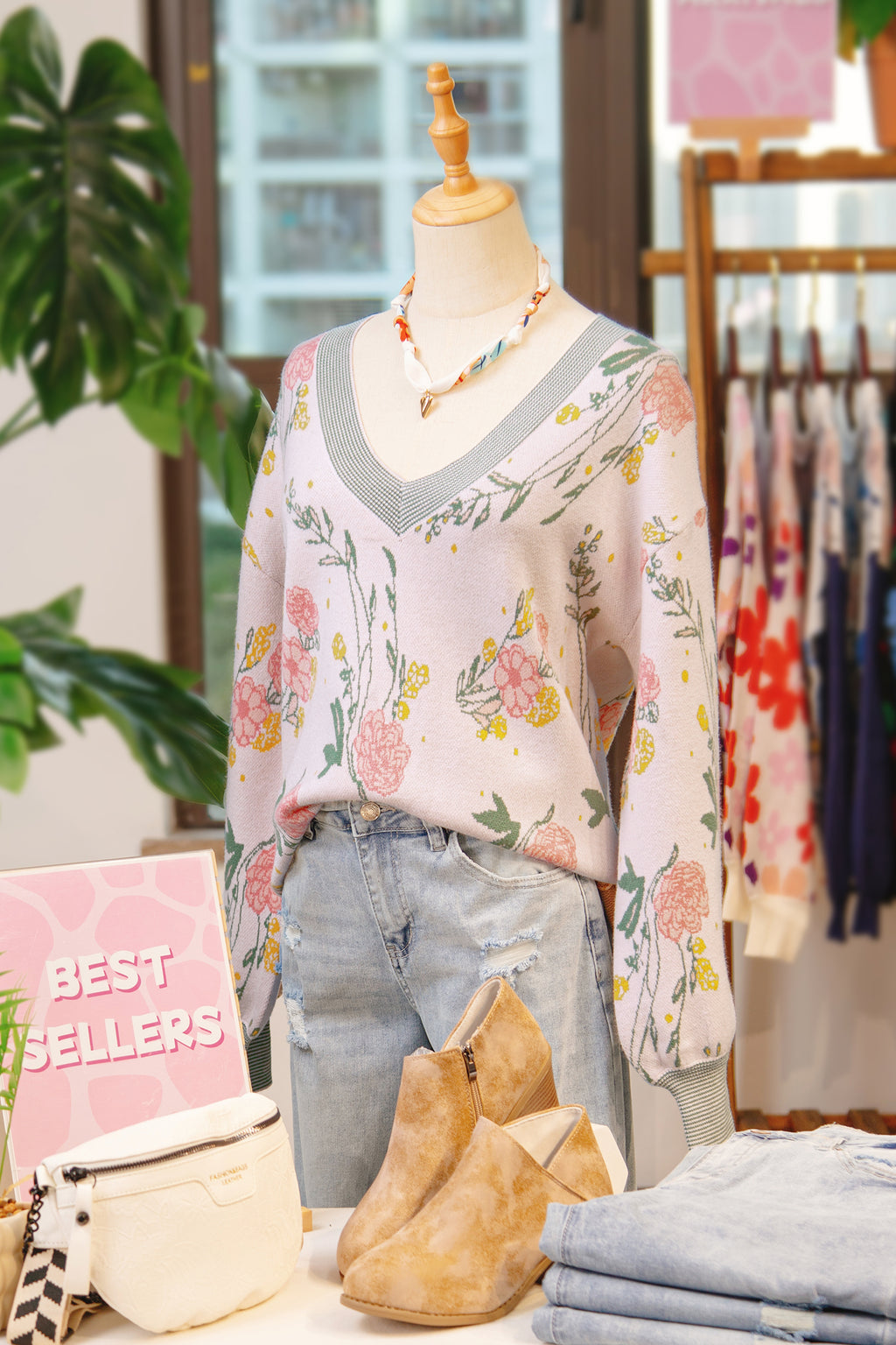 Pink Floral Pattern Striped V Neck Loose Sweater