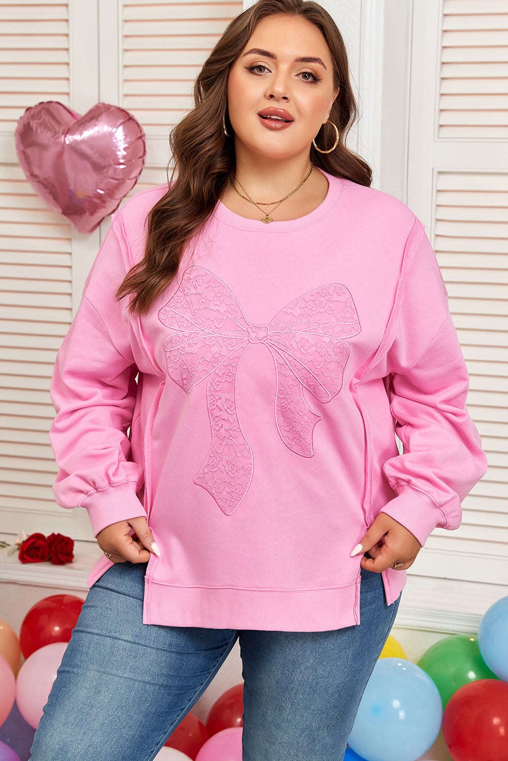 Pink Big Bow Lace Embroidered Dolman Sleeve Slit Plus Size Sweatshirt