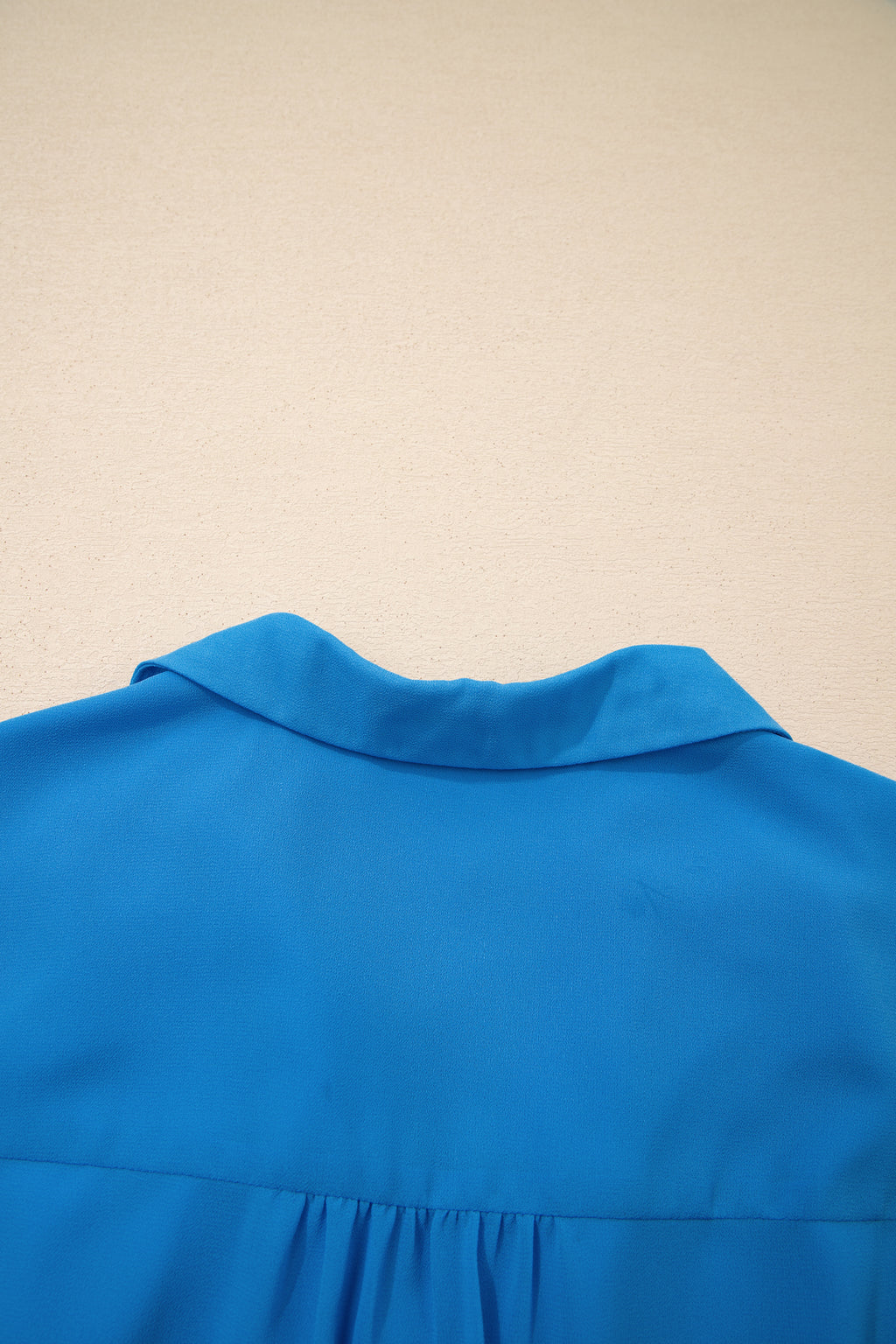 Blue Half Buttons Collared Elastic Waist Sleeveless Shirt Dress