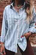 Sky Blue Stripe Boyfriend Chest Pocket Classic Denim Shacket