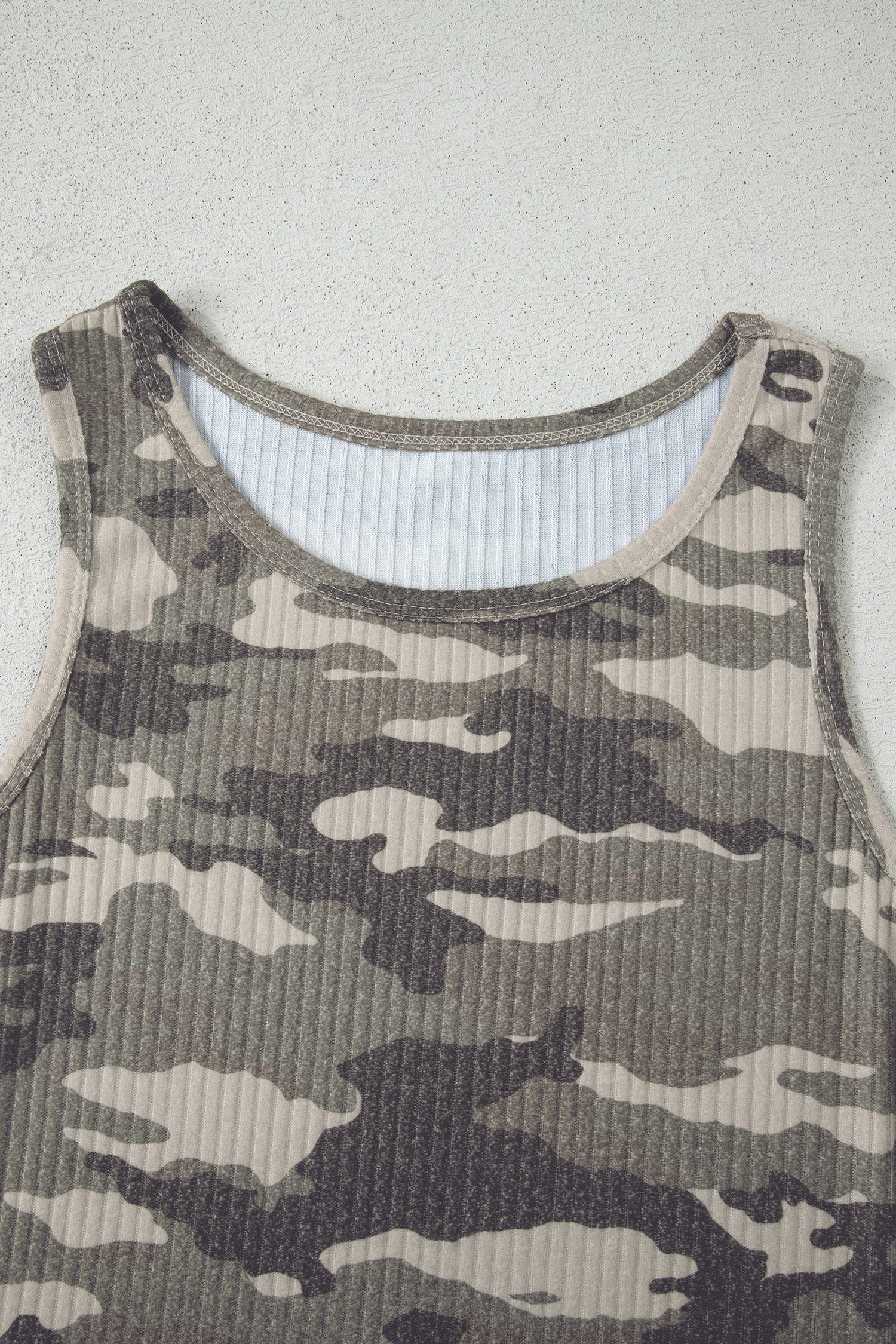 Green Camouflage Print Ribbed Knit Round Neck Tank Top