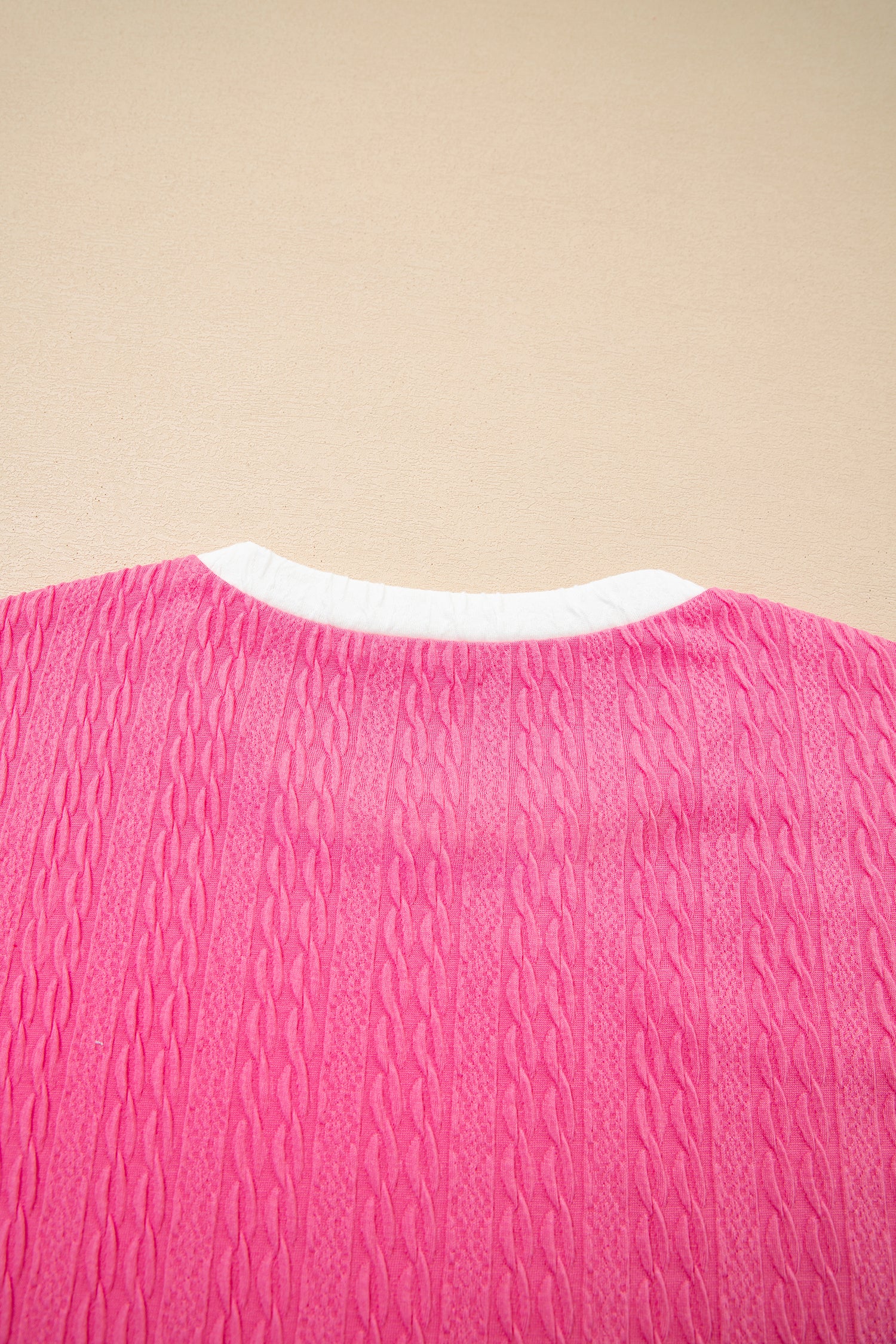 Bright Pink Textured Color Block Trim Loose Tee Drawstring Shorts 2pcs Set