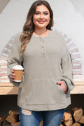 Simply Taupe Plus Size Ribbed Knit Kangaroo Pocket Henley Long Sleeve Top