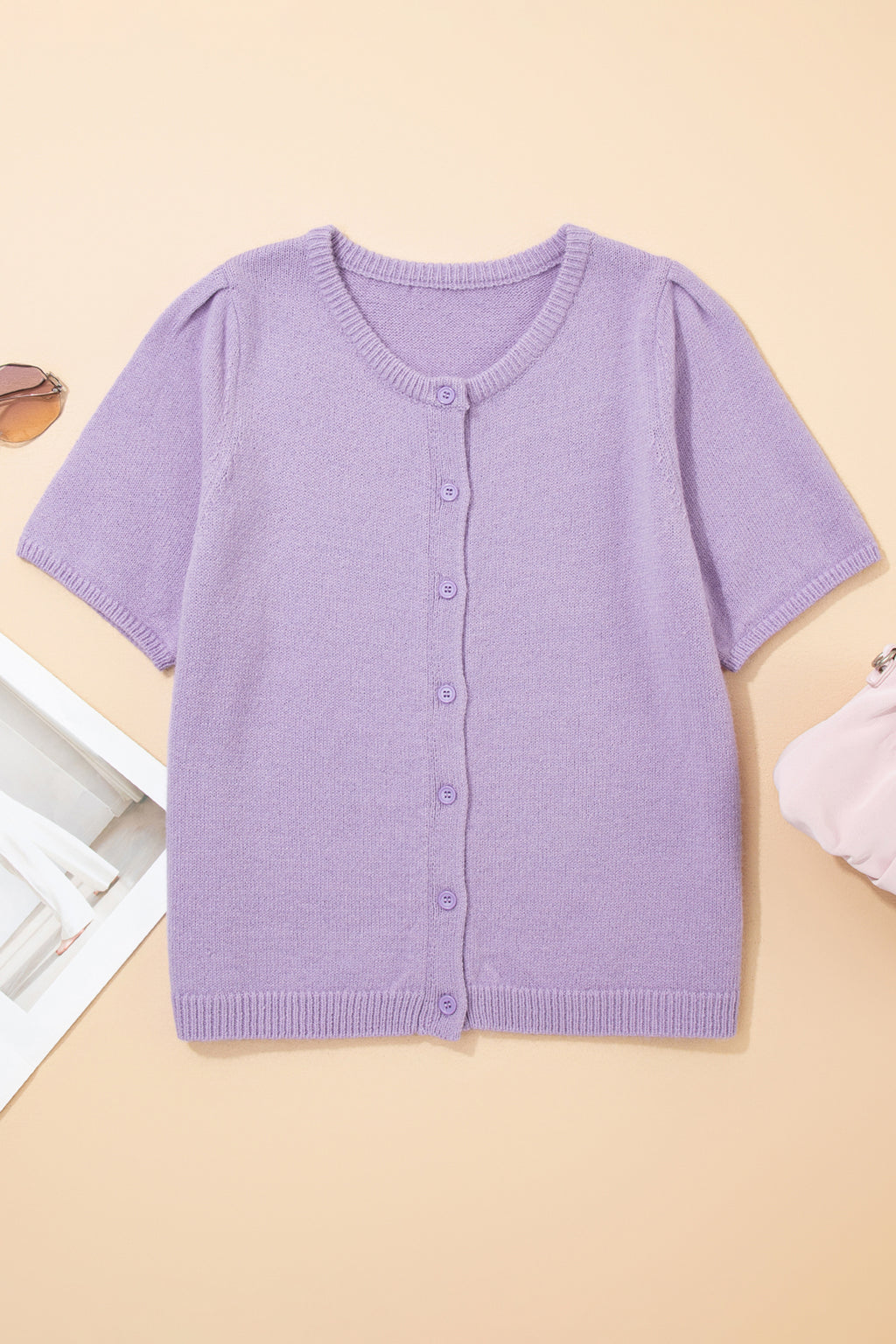 Orchid Petal Short Sleeve Soft Cardigan Sweater T Shirt