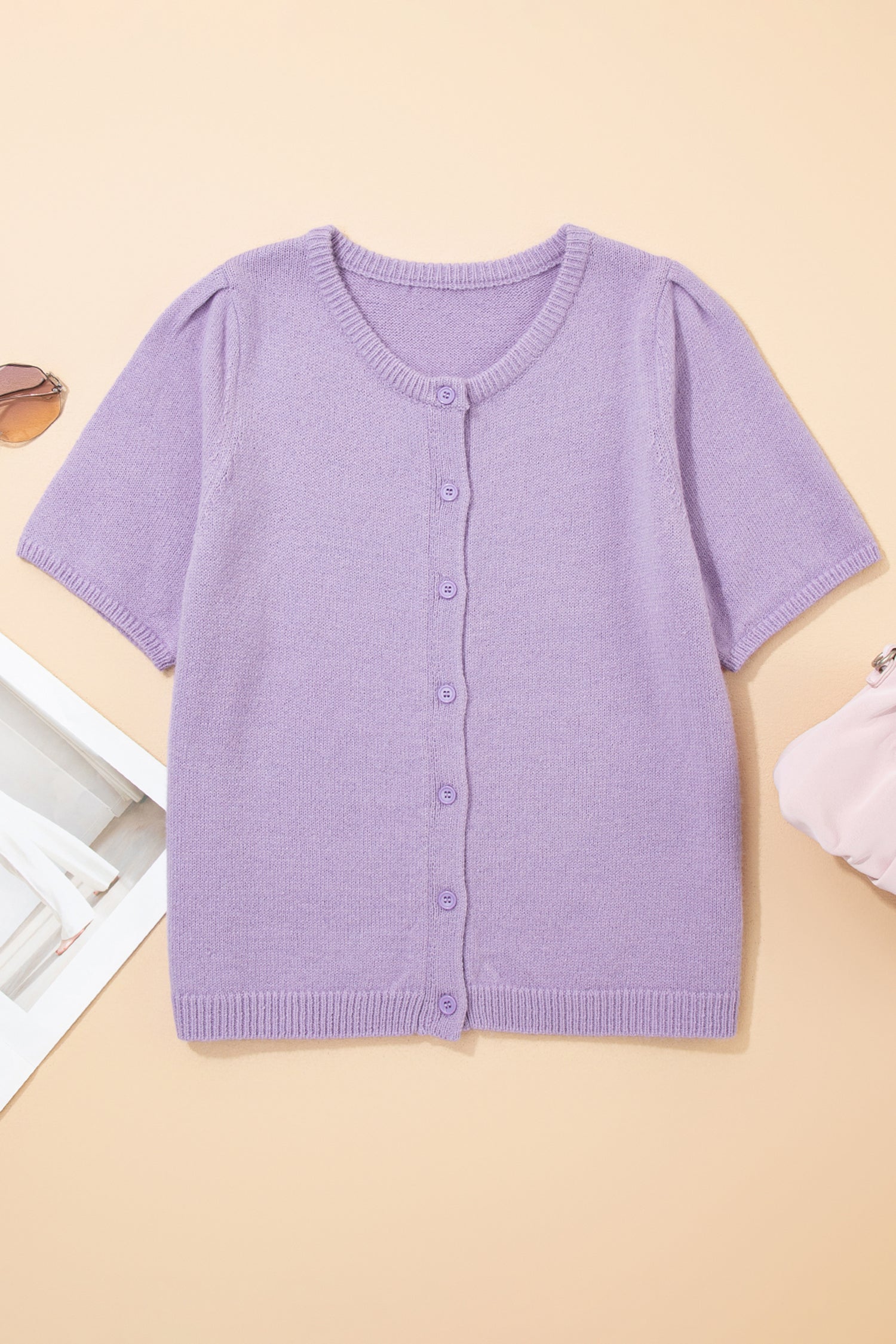 Orchid Petal Short Sleeve Soft Cardigan Sweater T Shirt