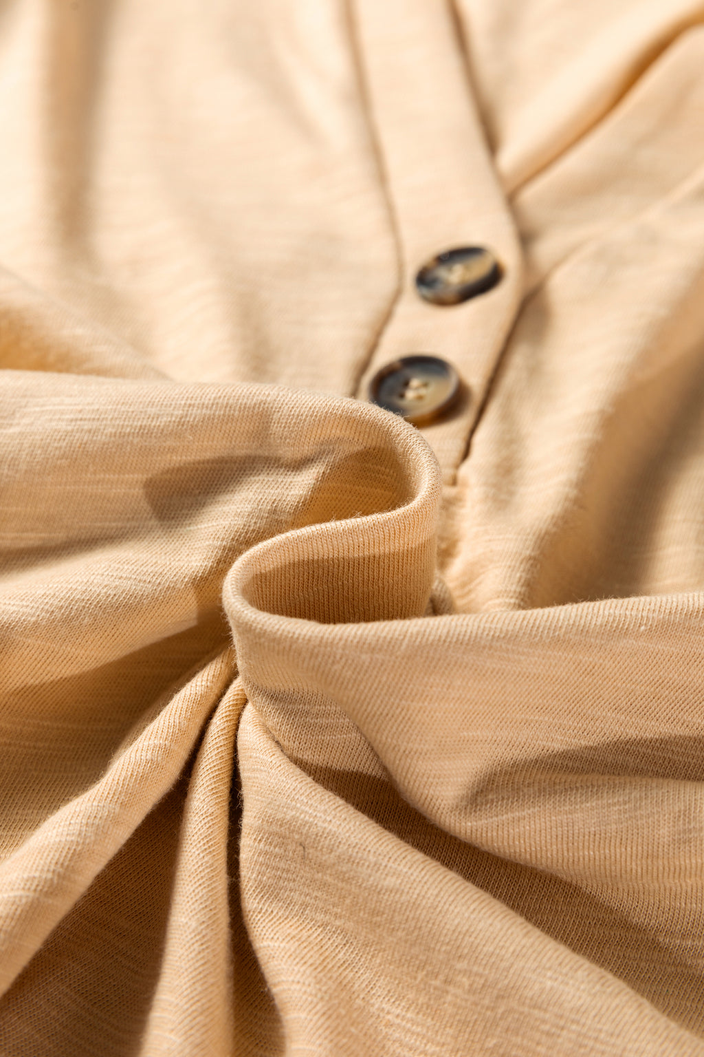 Light French Beige Solid Color Button V Neck Long Sleeve Top