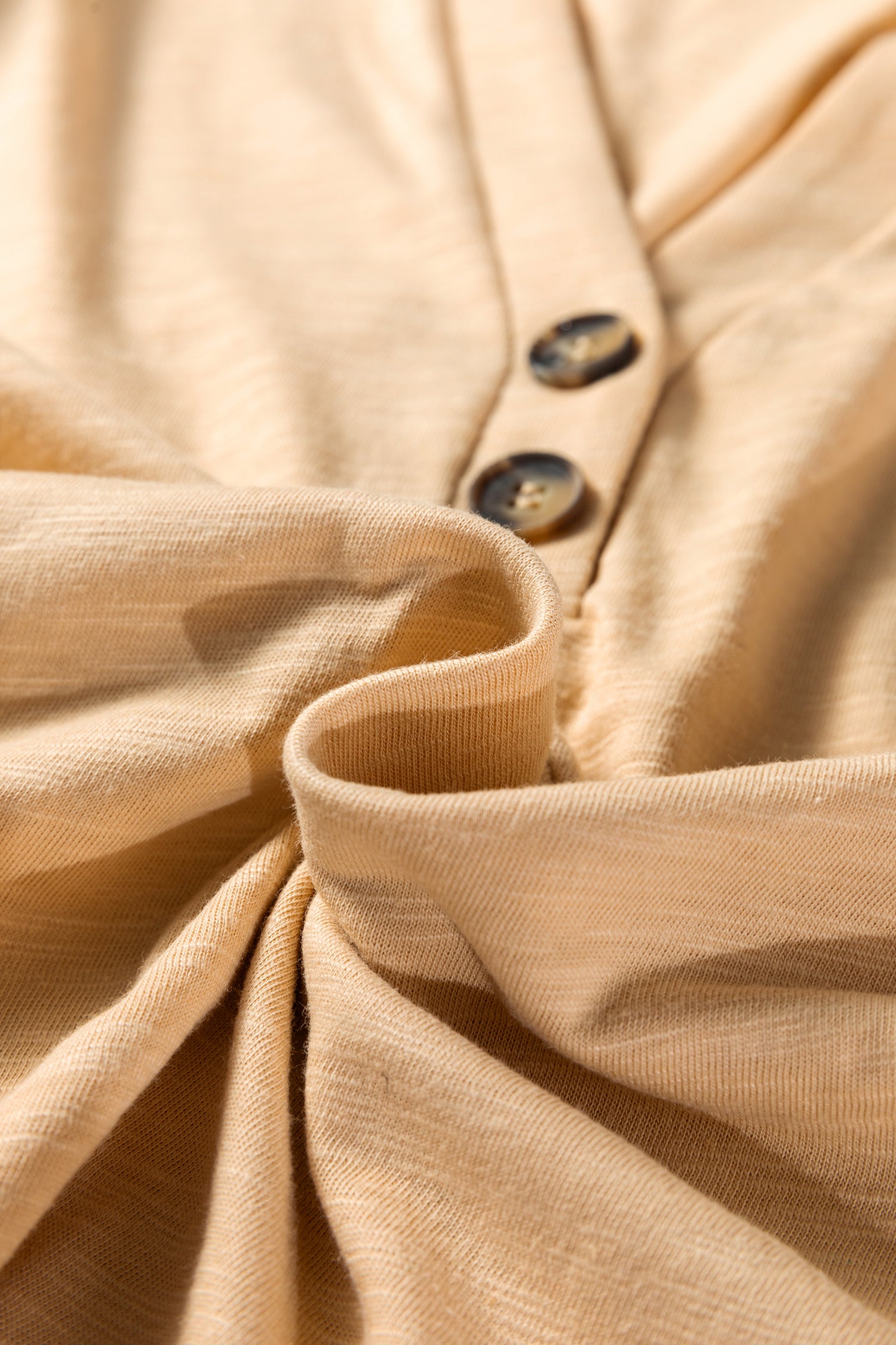 Light French Beige Solid Color Button V Neck Long Sleeve Top