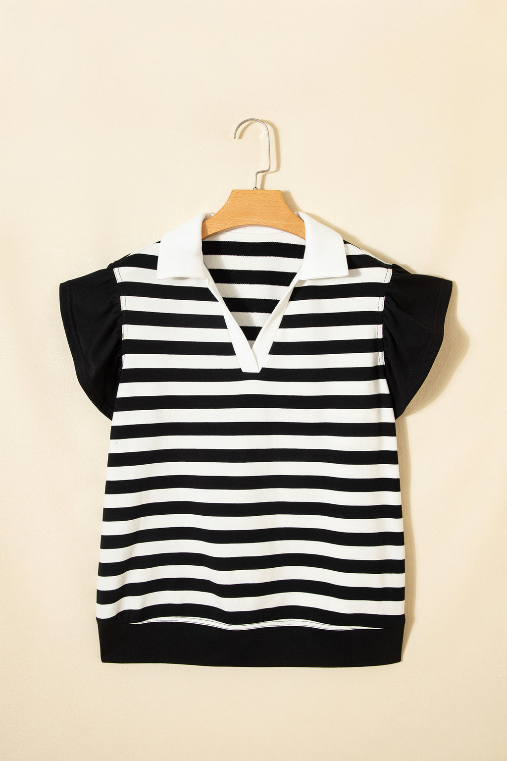 Black Stripe Collar V Neck Ruffled Short Sleeve Blouse