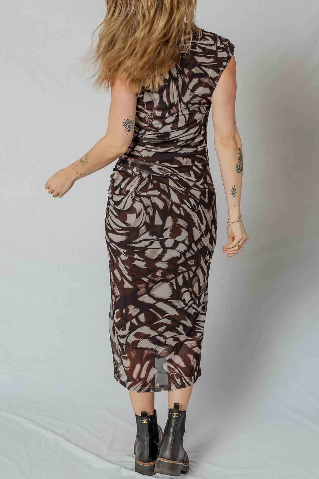Brown Abstract Print Mesh Cowl Neck Cap Sleeve Ruched Midi Dress with Slit