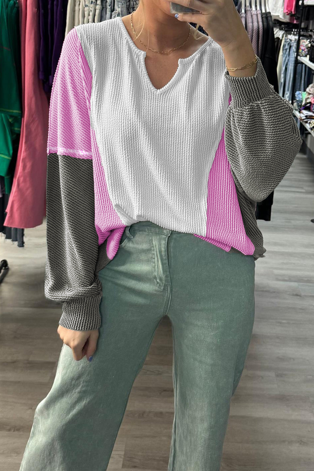 White Spiral Ribbed Raw Seam Color Block Patchwork Long Sleeve Top