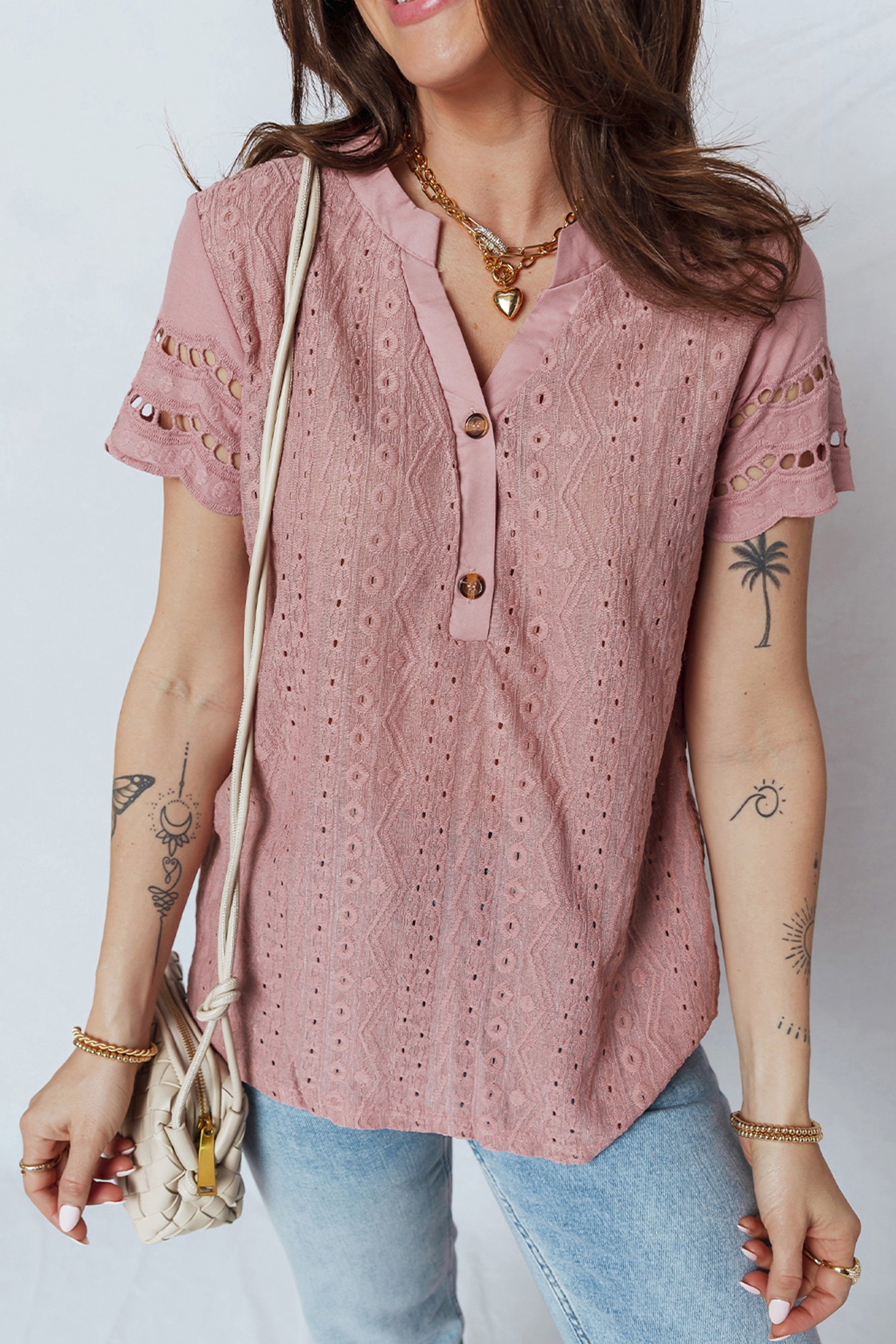 Fushia Textured Embroidered Half Buttons Short Sleeve Blouse