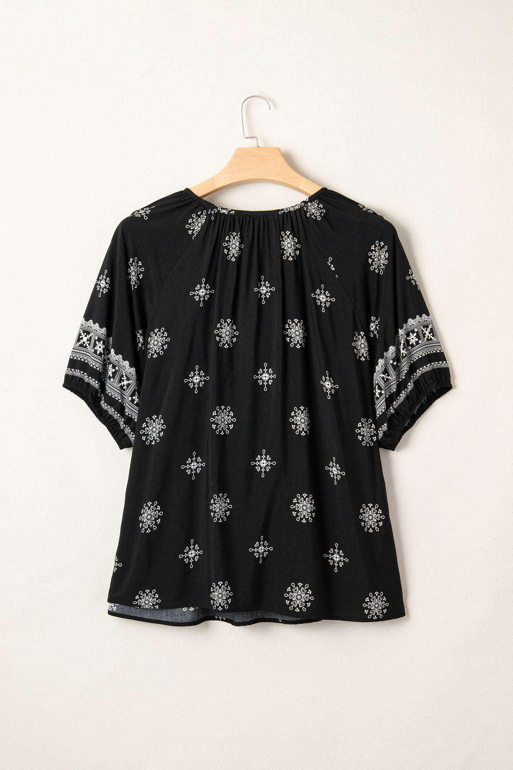Black Boho Chic Notched V Neck Plus Floral Short Sleeve Top