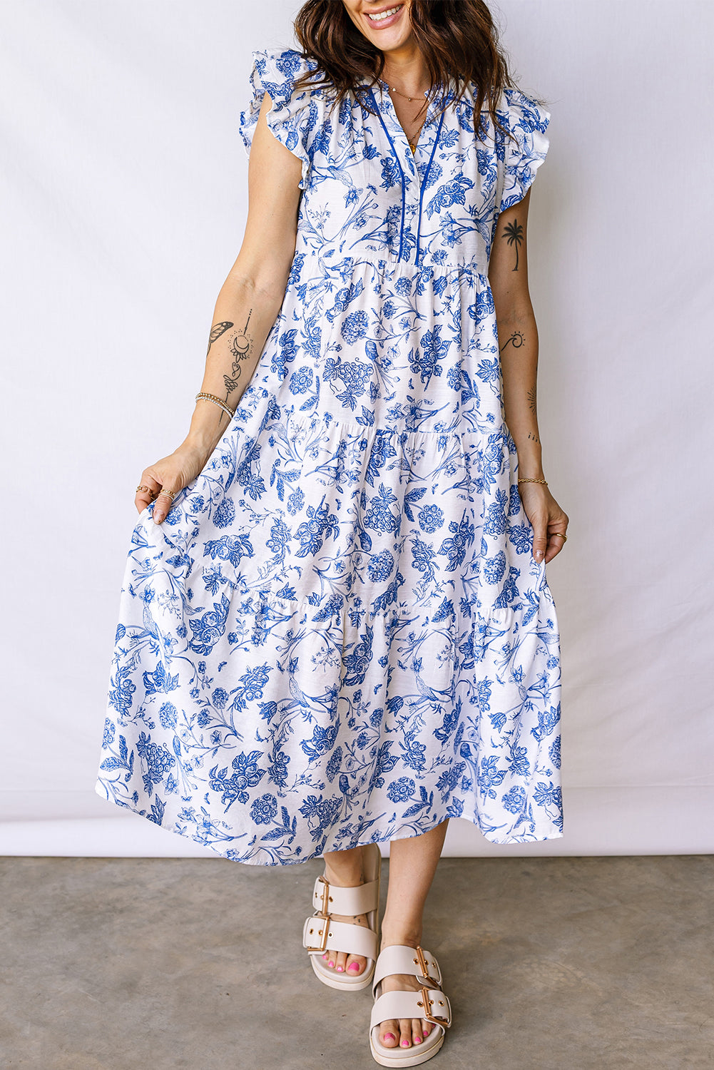 Blue Ruffled Short Sleeve Tiered Floral Midi Dress