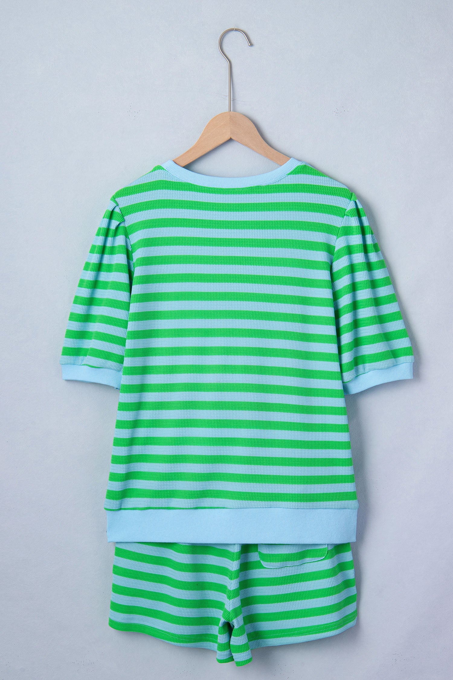 Green Stripe Puff Short Sleeve T Shirt Matching Shorts Set