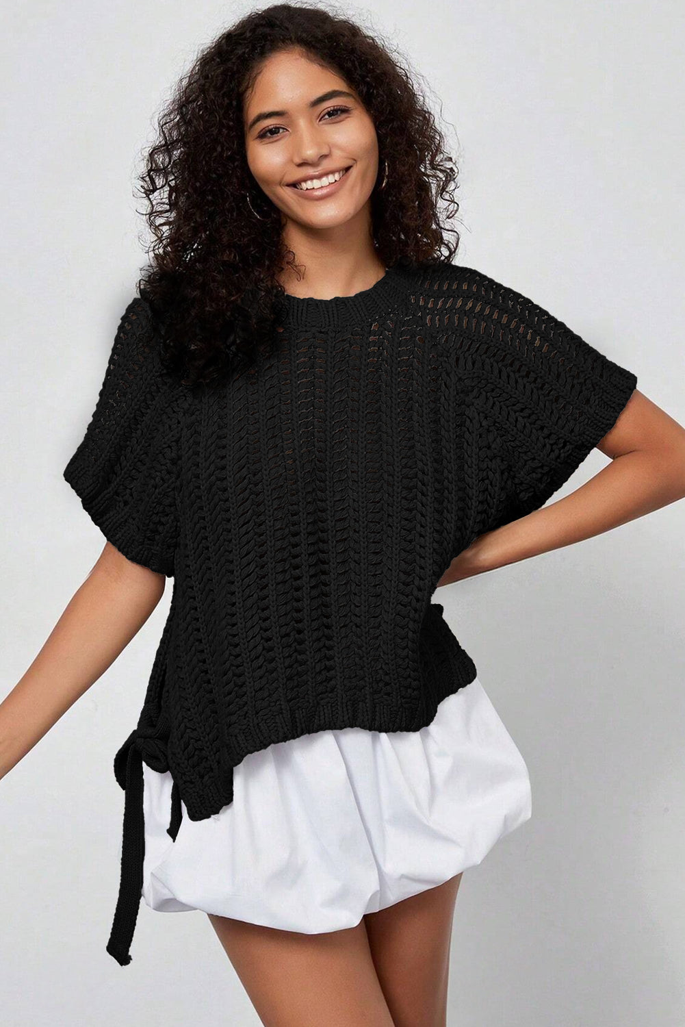 Black Plus Size Open Knit Bow Tie Short Sleeve Sweater